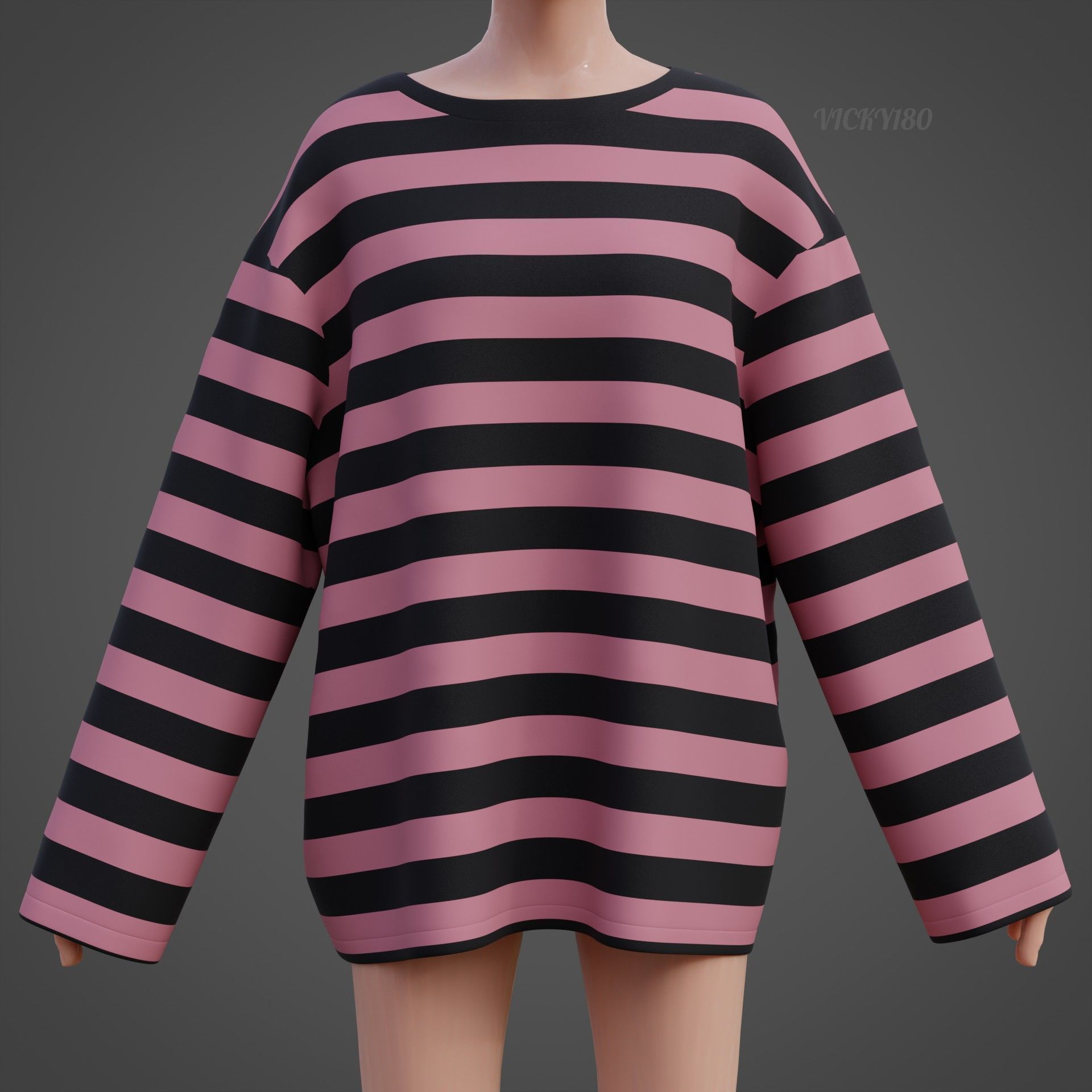 Women Harajuku Stripes Long Sleeves Shirt Grunge Y2K Sweatshirt Low-poly 3D model_13