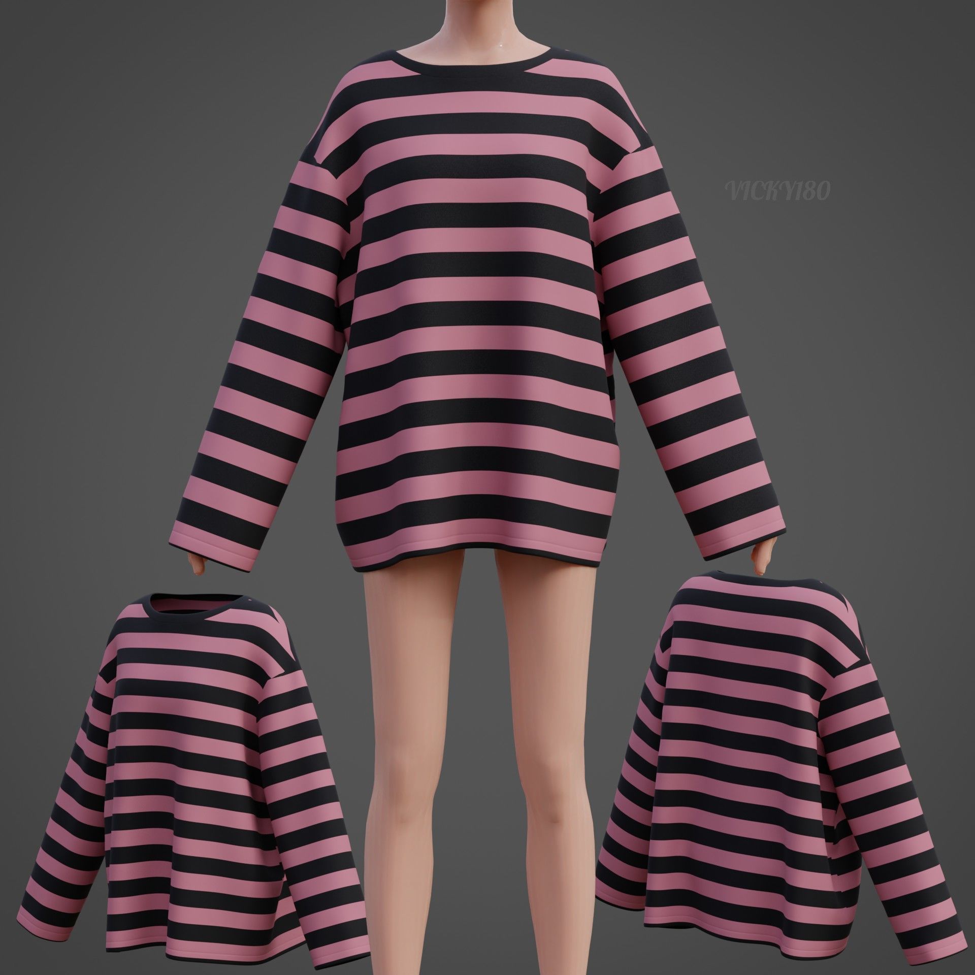 Women Harajuku Stripes Long Sleeves Shirt Grunge Y2K Sweatshirt Low-poly 3D model_34