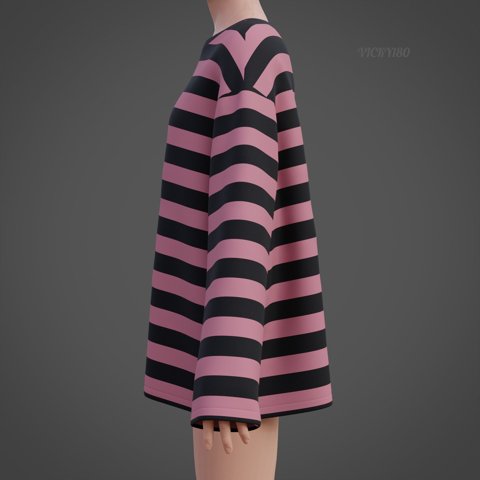 Women Harajuku Stripes Long Sleeves Shirt Grunge Y2K Sweatshirt Low-poly 3D model_16