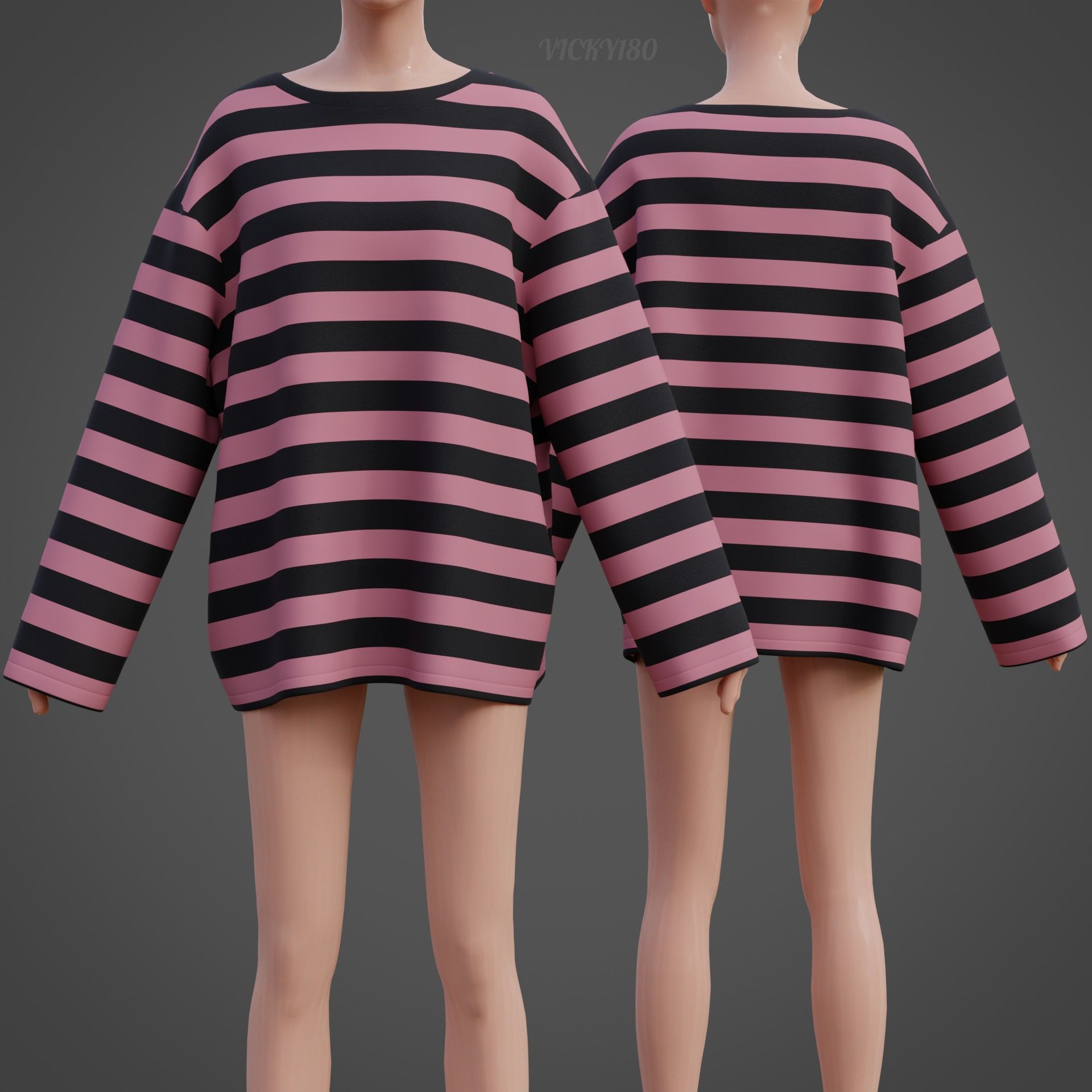 Women Harajuku Stripes Long Sleeves Shirt Grunge Y2K Sweatshirt Low-poly 3D model_30