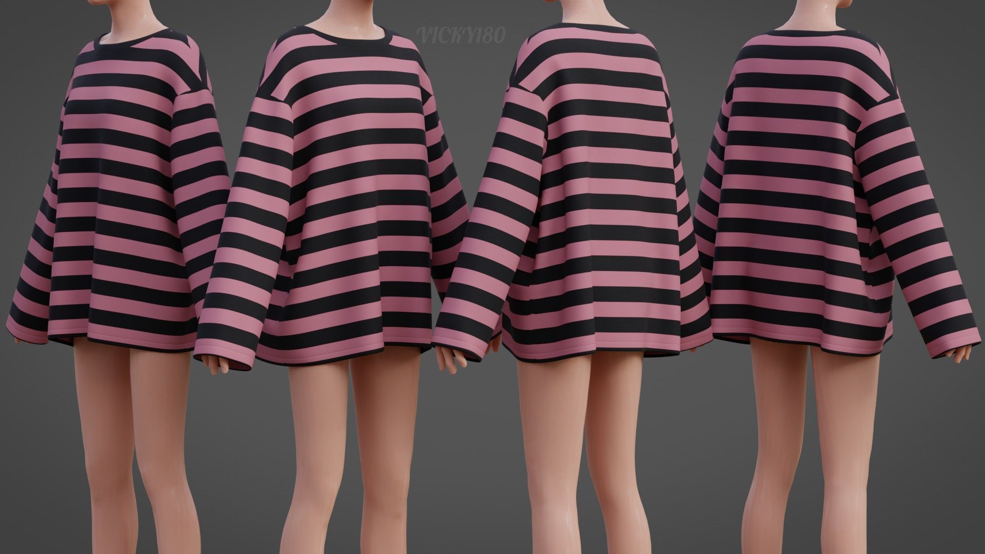 Women Harajuku Stripes Long Sleeves Shirt Grunge Y2K Sweatshirt Low-poly 3D model_4