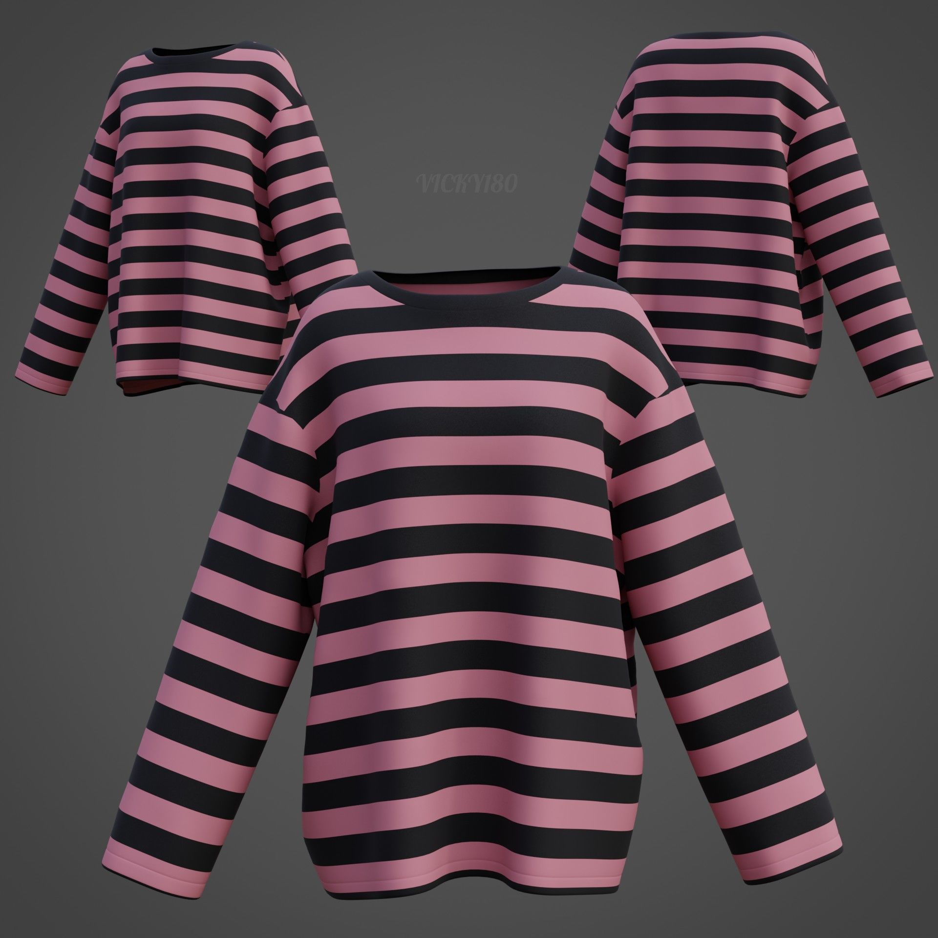 Women Harajuku Stripes Long Sleeves Shirt Grunge Y2K Sweatshirt Low-poly 3D model_21