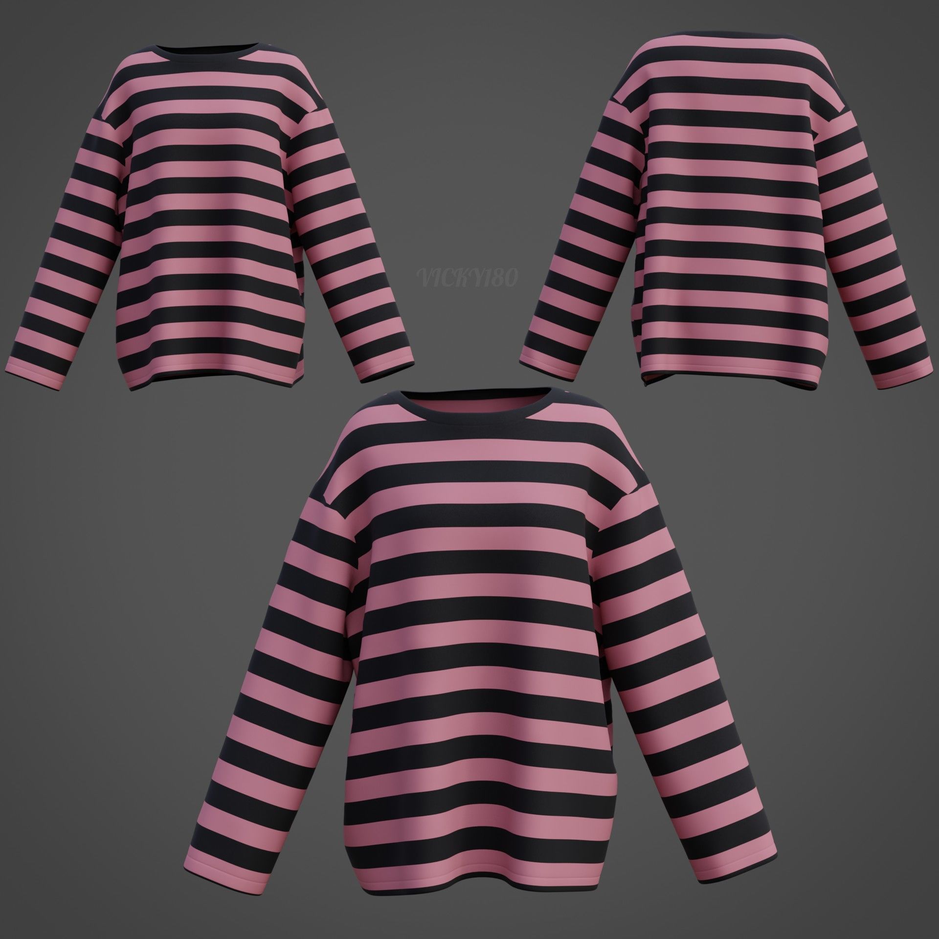 Women Harajuku Stripes Long Sleeves Shirt Grunge Y2K Sweatshirt Low-poly 3D model_9
