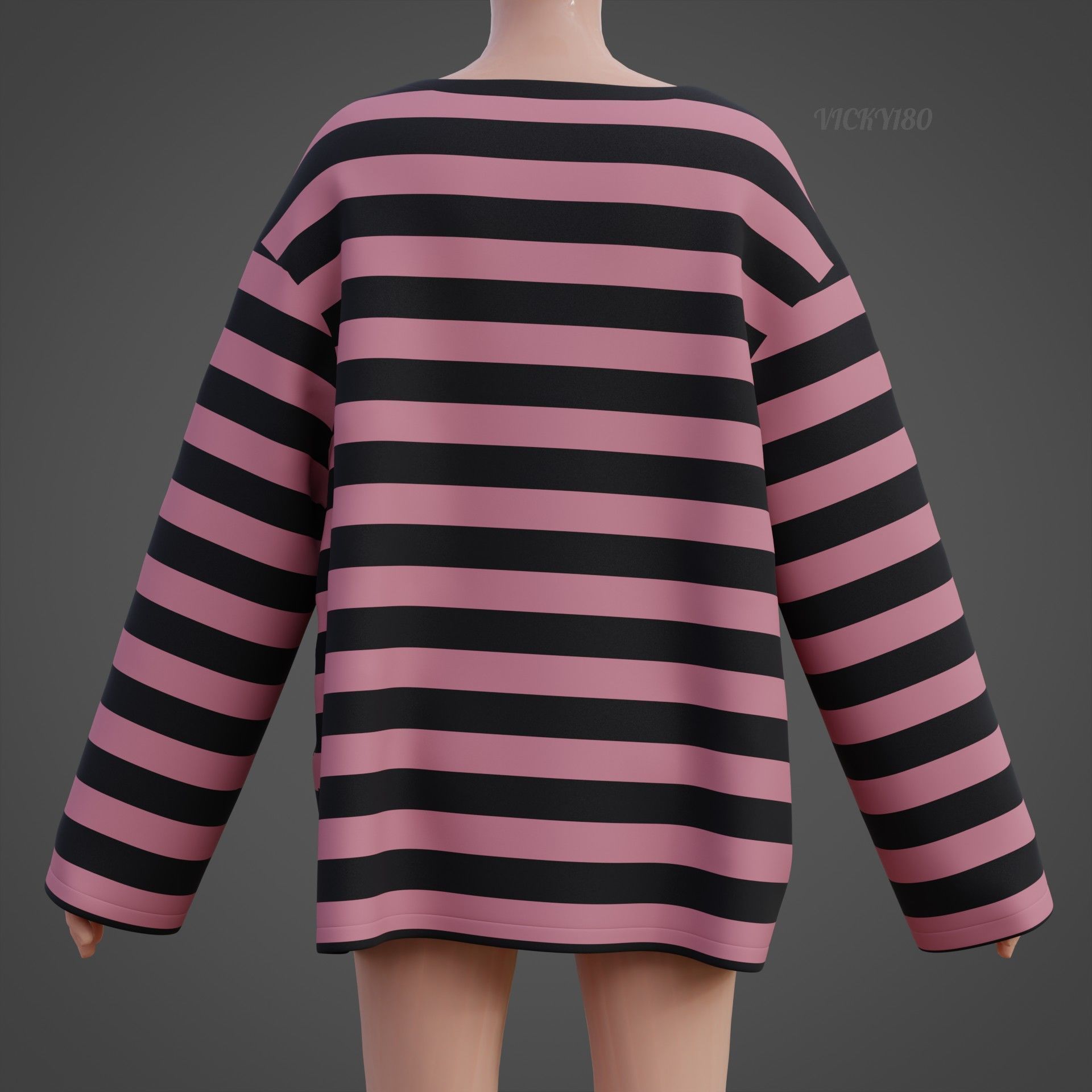 Women Harajuku Stripes Long Sleeves Shirt Grunge Y2K Sweatshirt Low-poly 3D model_14