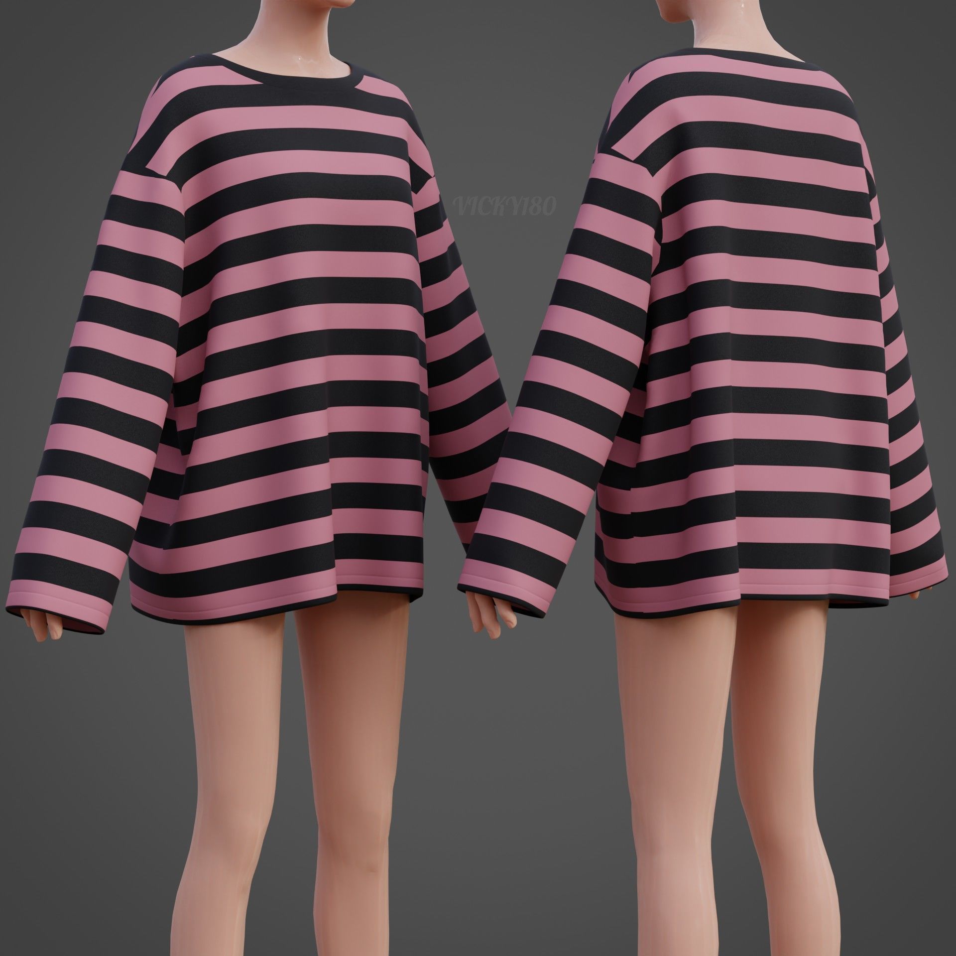 Women Harajuku Stripes Long Sleeves Shirt Grunge Y2K Sweatshirt Low-poly 3D model_8