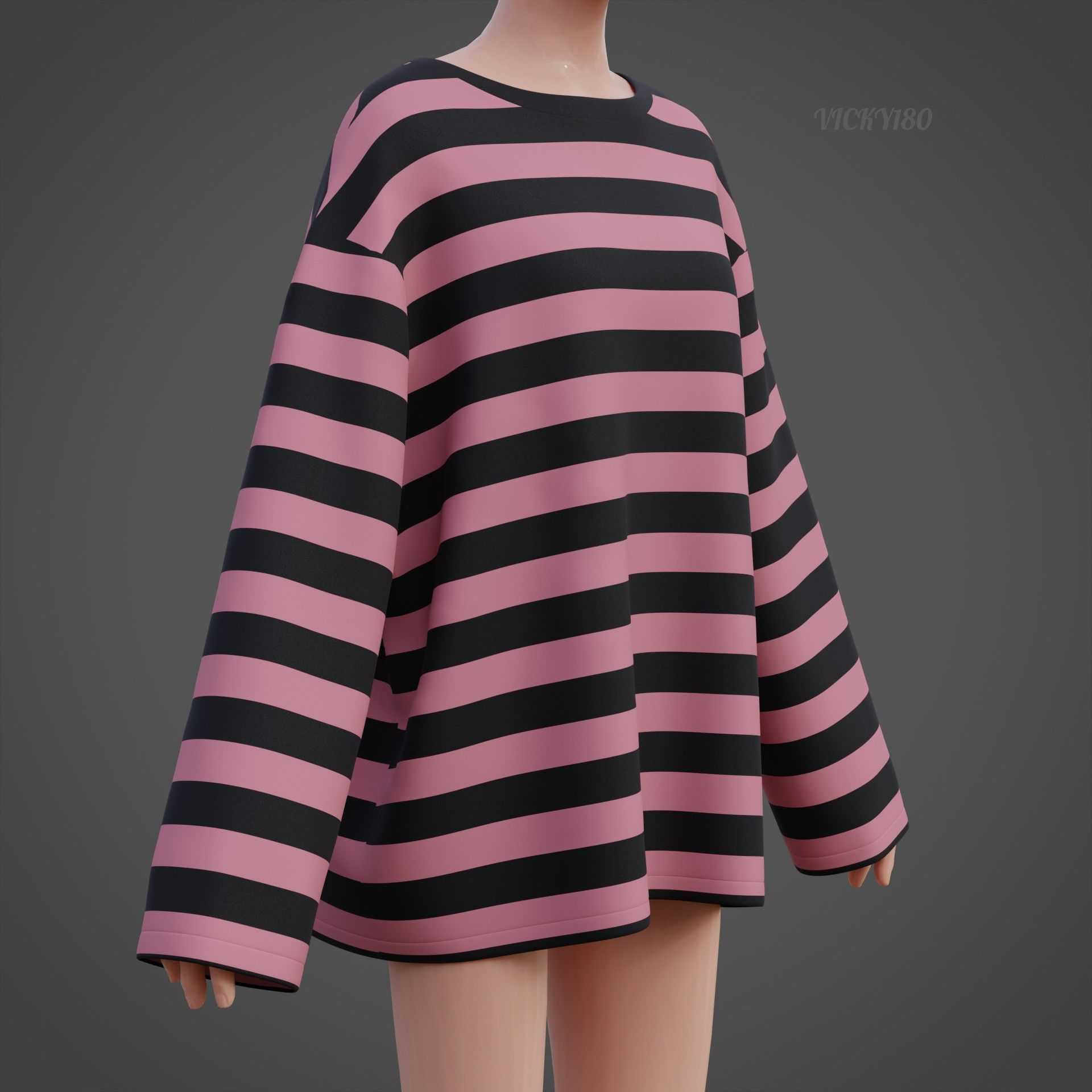 Women Harajuku Stripes Long Sleeves Shirt Grunge Y2K Sweatshirt Low-poly 3D model_15