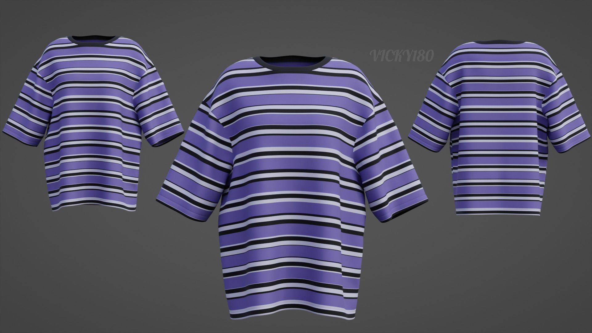 Striped Women Short Sleeve Oversized Streetwear Gothic T-Shirt  Low-poly 3D model_1