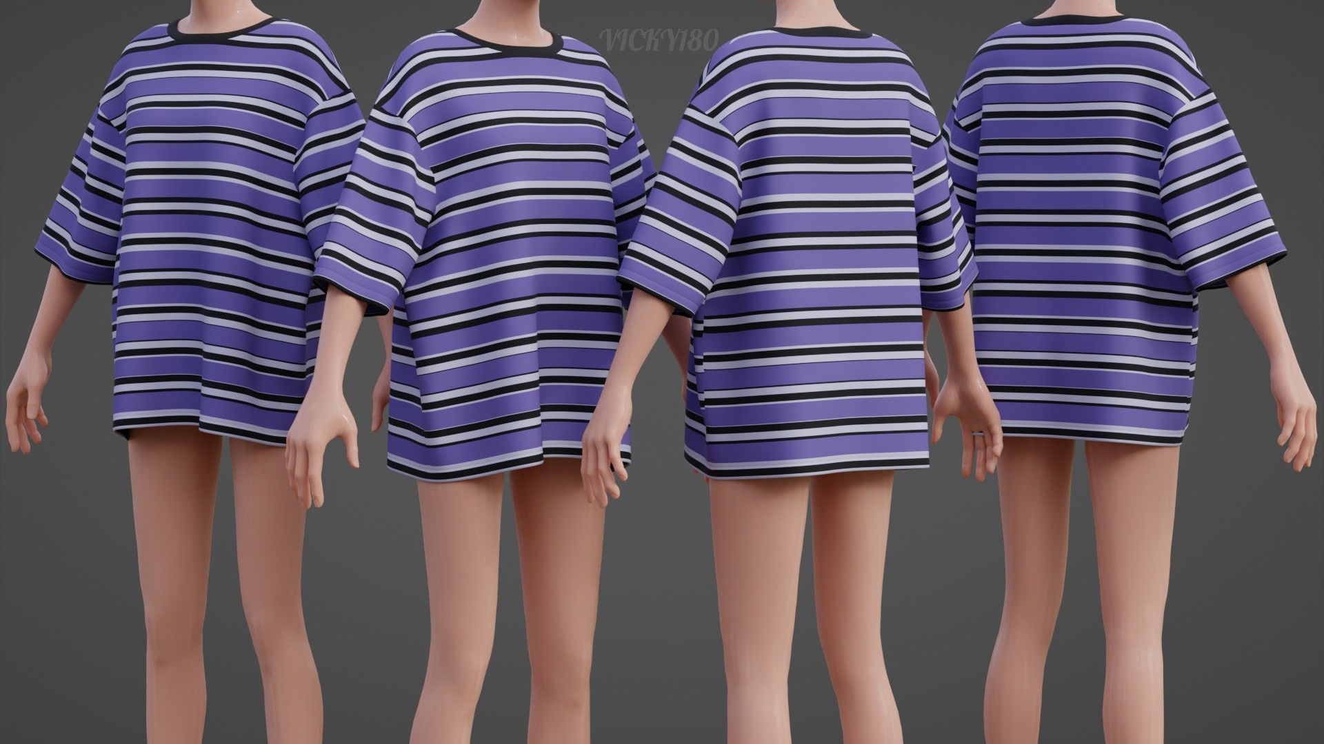 Striped Women Short Sleeve Oversized Streetwear Gothic T-Shirt  Low-poly 3D model_6