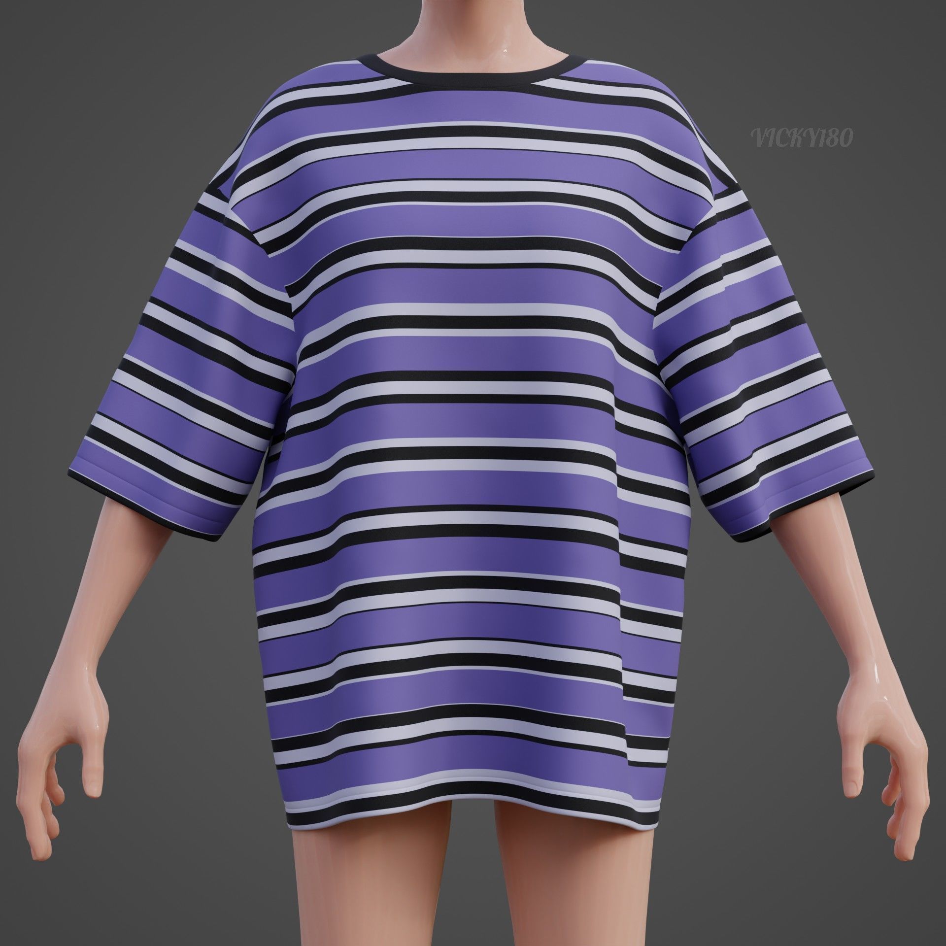 Striped Women Short Sleeve Oversized Streetwear Gothic T-Shirt  Low-poly 3D model_16