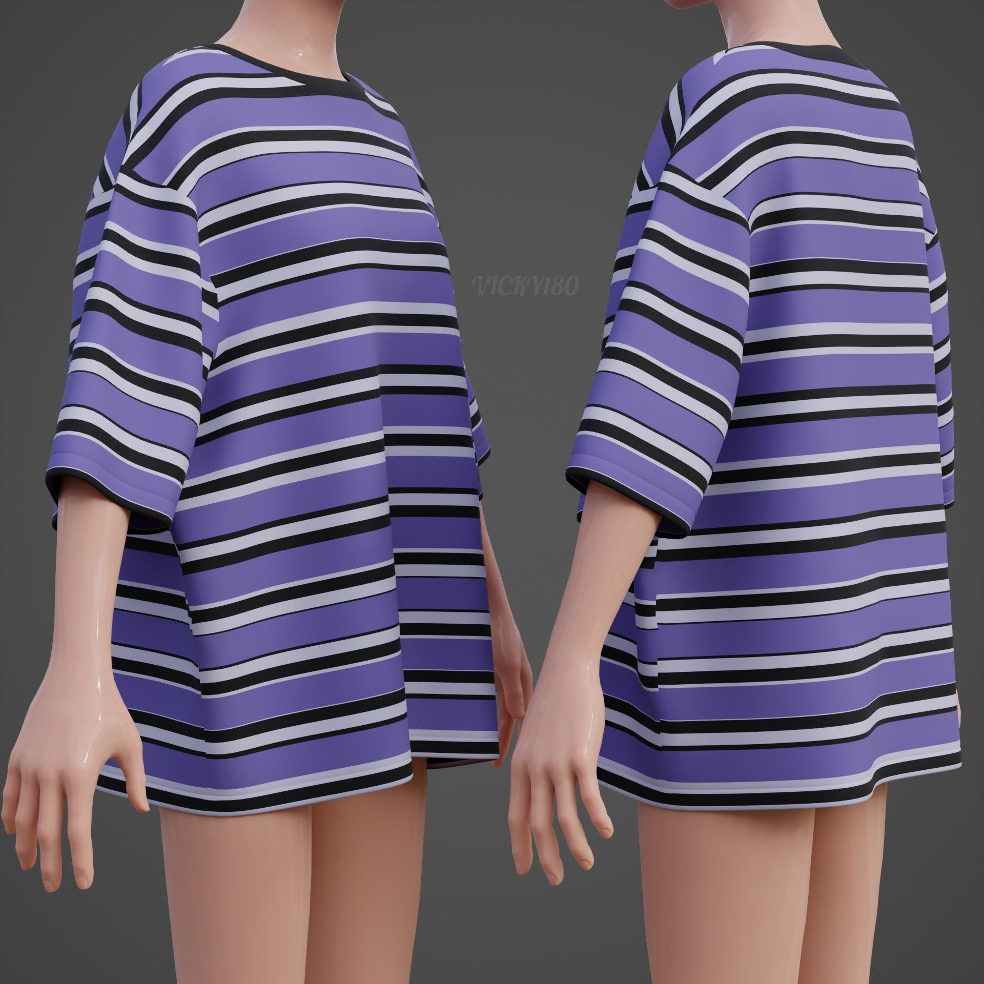 Striped Women Short Sleeve Oversized Streetwear Gothic T-Shirt  Low-poly 3D model_11
