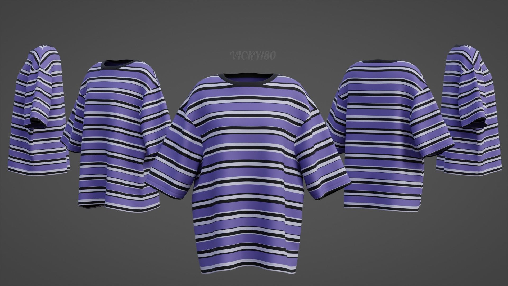 Striped Women Short Sleeve Oversized Streetwear Gothic T-Shirt  Low-poly 3D model_8