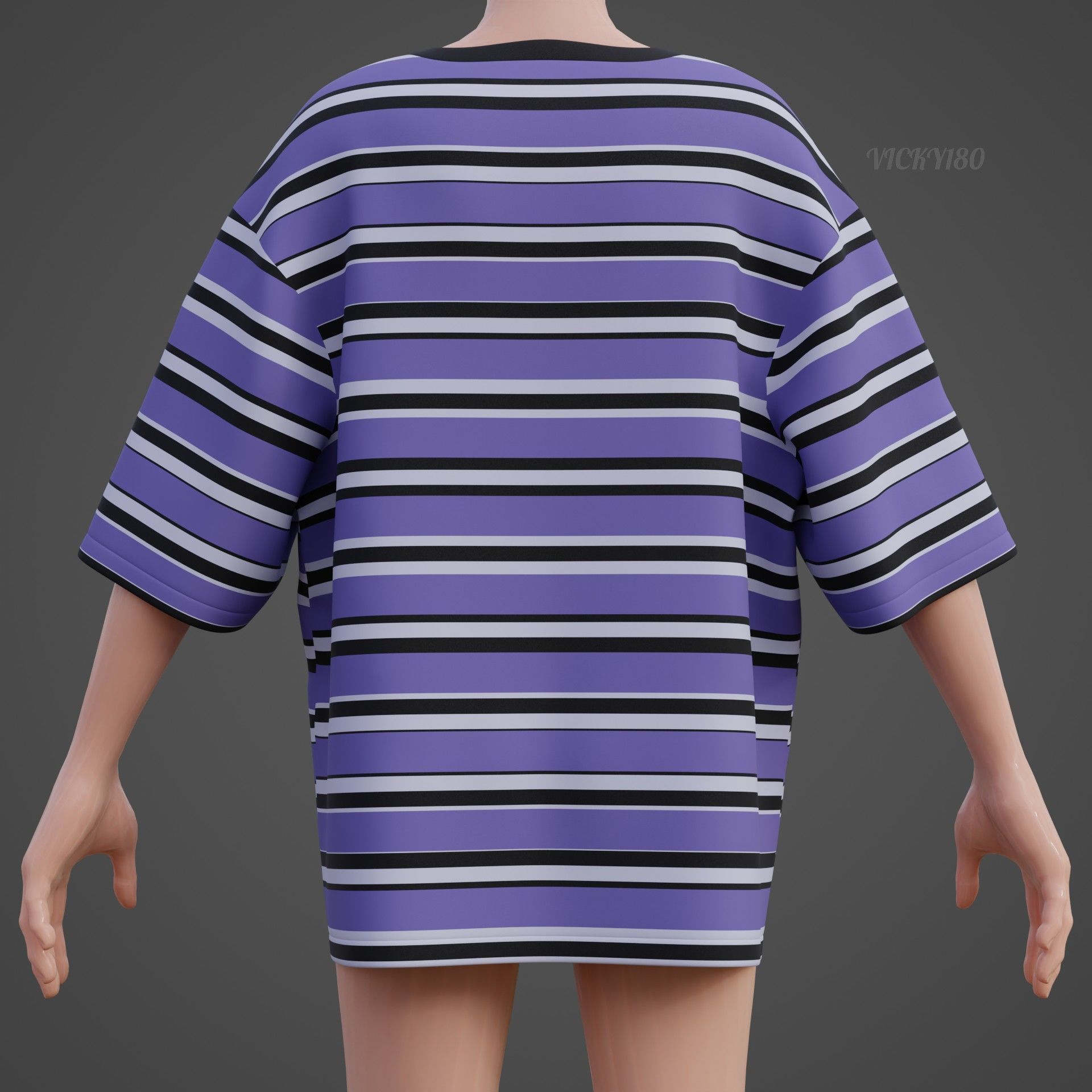 Striped Women Short Sleeve Oversized Streetwear Gothic T-Shirt  Low-poly 3D model_17