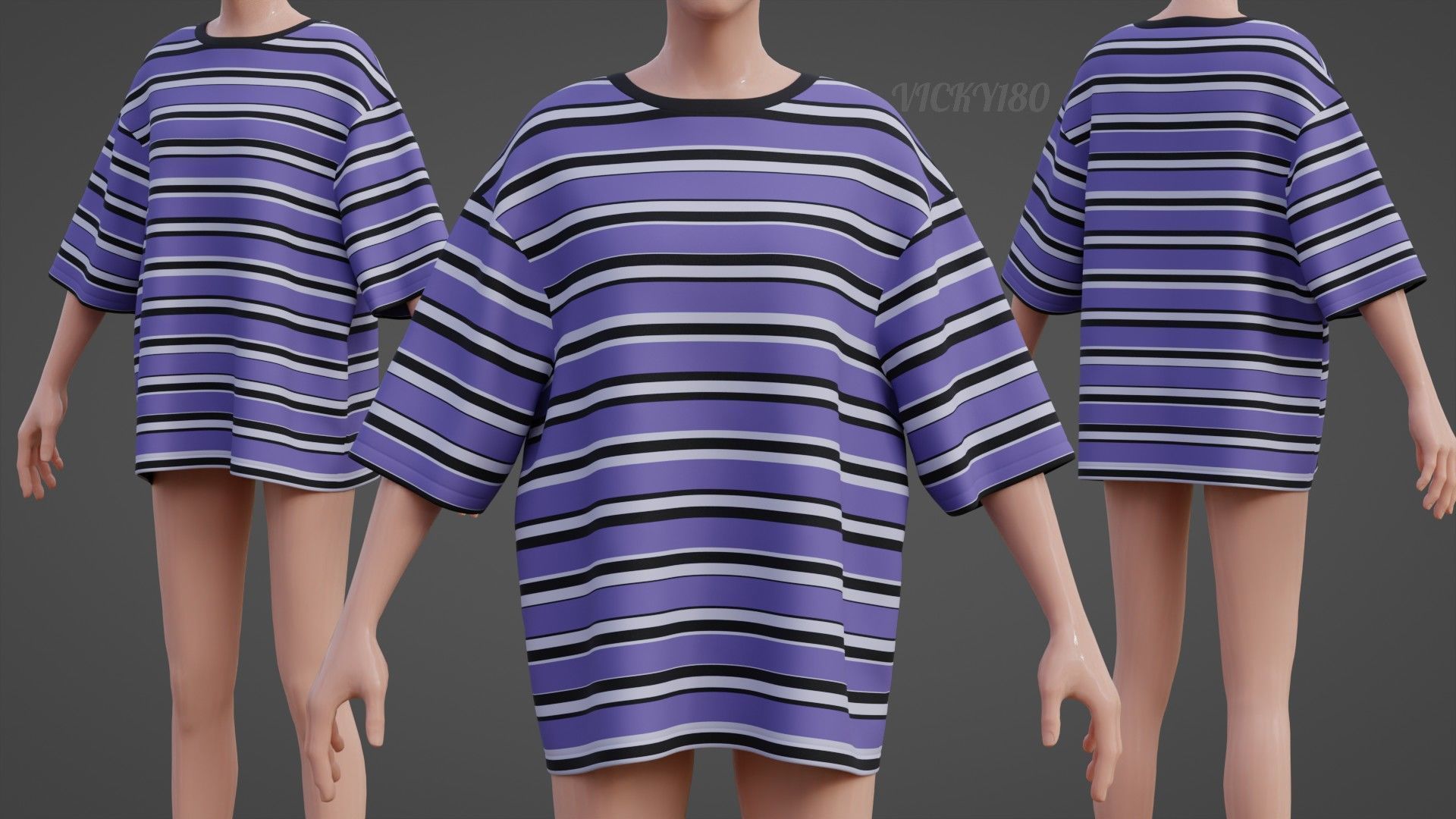 Striped Women Short Sleeve Oversized Streetwear Gothic T-Shirt  Low-poly 3D model_3