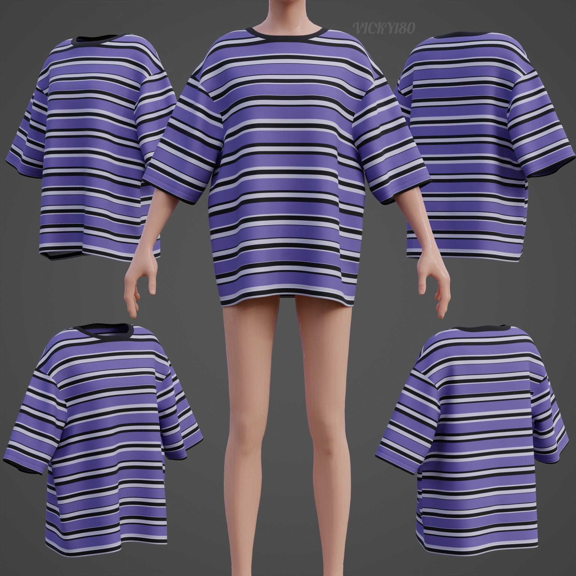 Striped Women Short Sleeve Oversized Streetwear Gothic T-Shirt  Low-poly 3D model_35