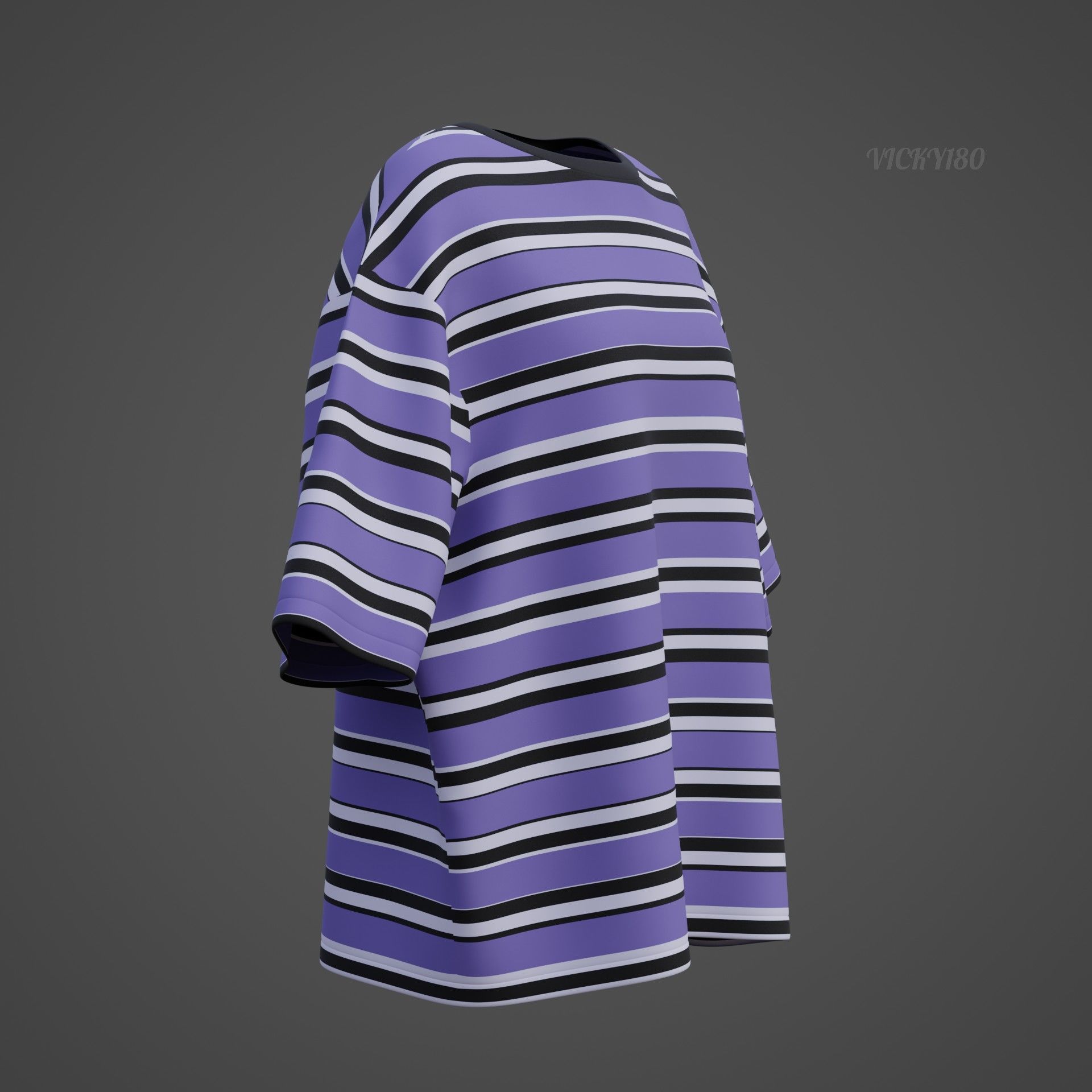 Striped Women Short Sleeve Oversized Streetwear Gothic T-Shirt  Low-poly 3D model_29