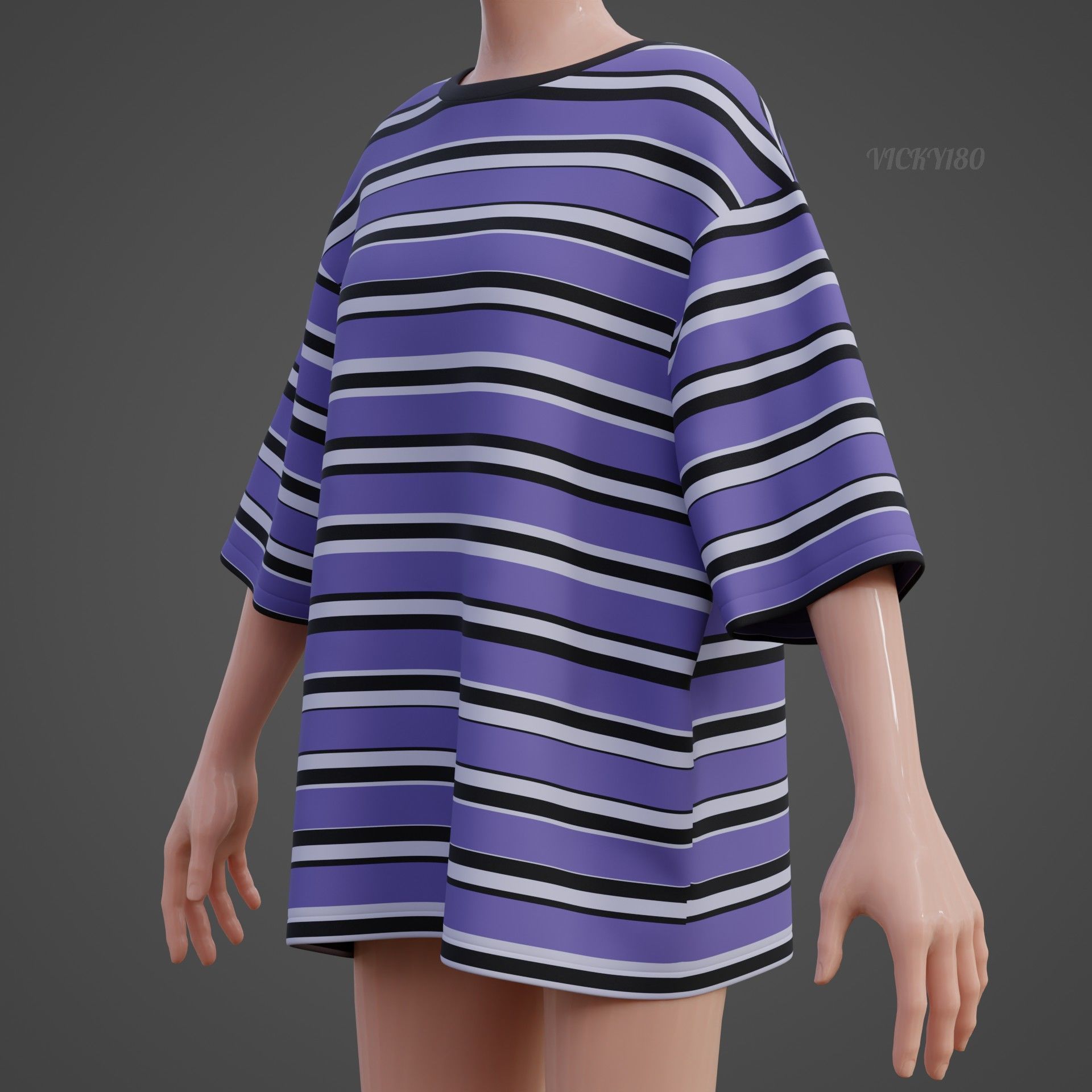 Striped Women Short Sleeve Oversized Streetwear Gothic T-Shirt  Low-poly 3D model_18