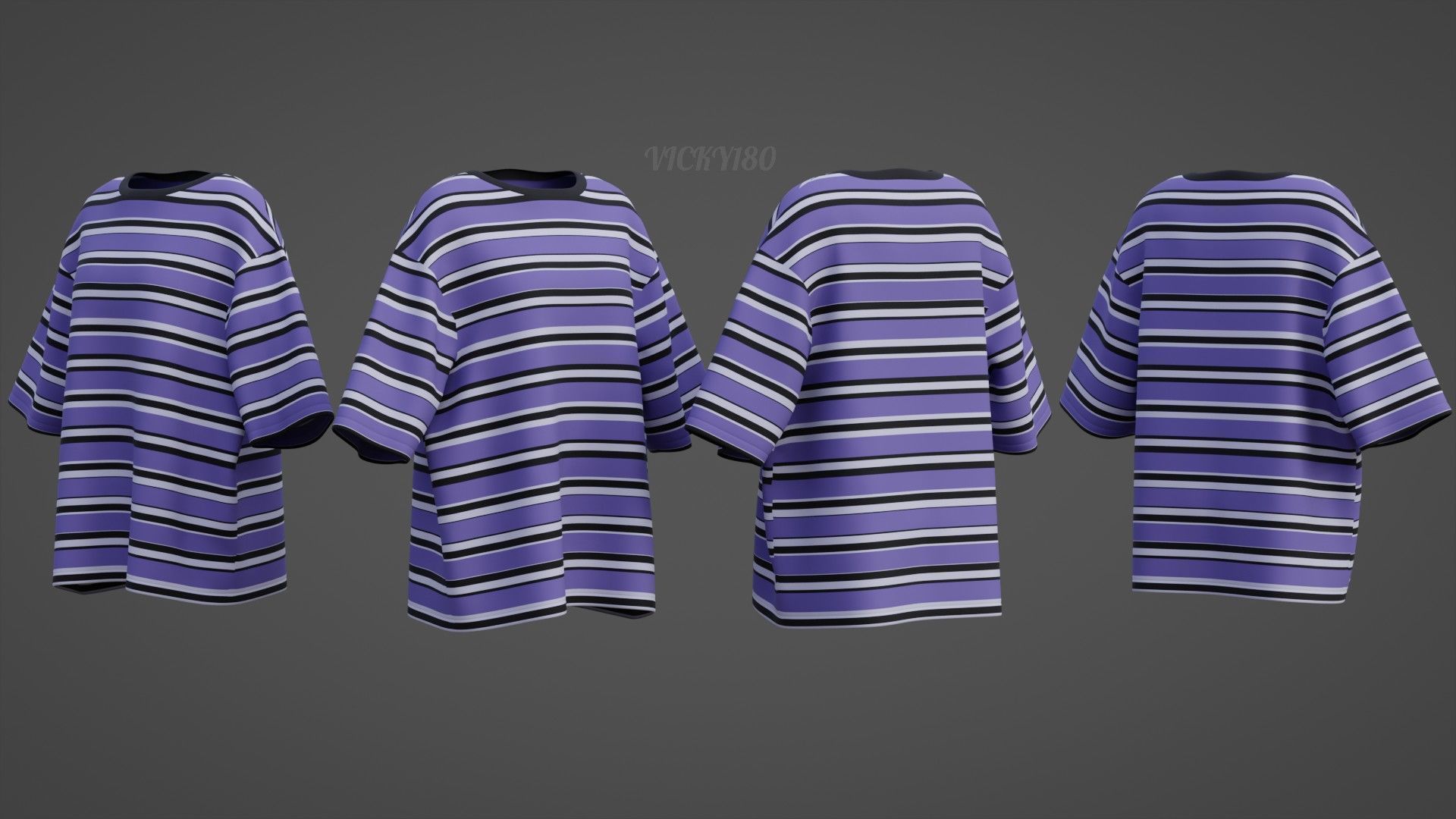 Striped Women Short Sleeve Oversized Streetwear Gothic T-Shirt  Low-poly 3D model_7