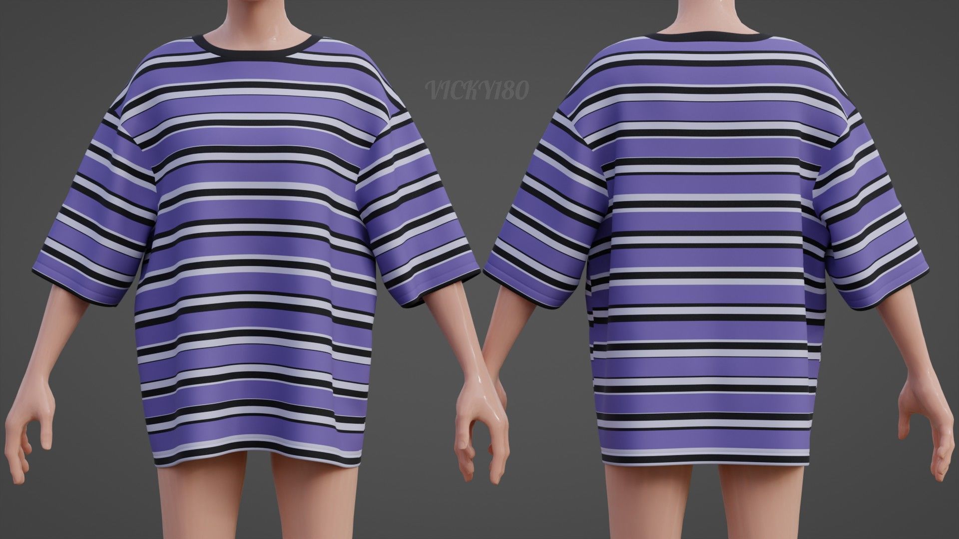 Striped Women Short Sleeve Oversized Streetwear Gothic T-Shirt  Low-poly 3D model_4