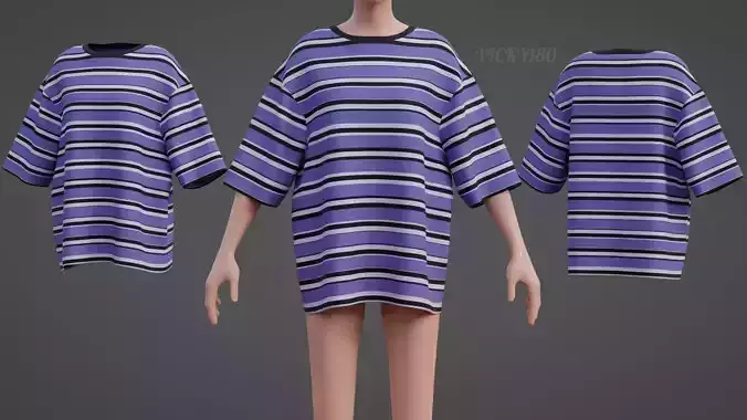 Striped Women Short Sleeve Oversized Streetwear Gothic T-Shirt  Low-poly 3D model