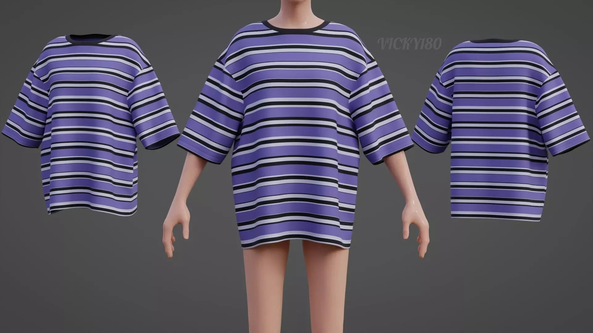 Striped Women Short Sleeve Oversized Streetwear Gothic T-Shirt  Low-poly 3D model_0