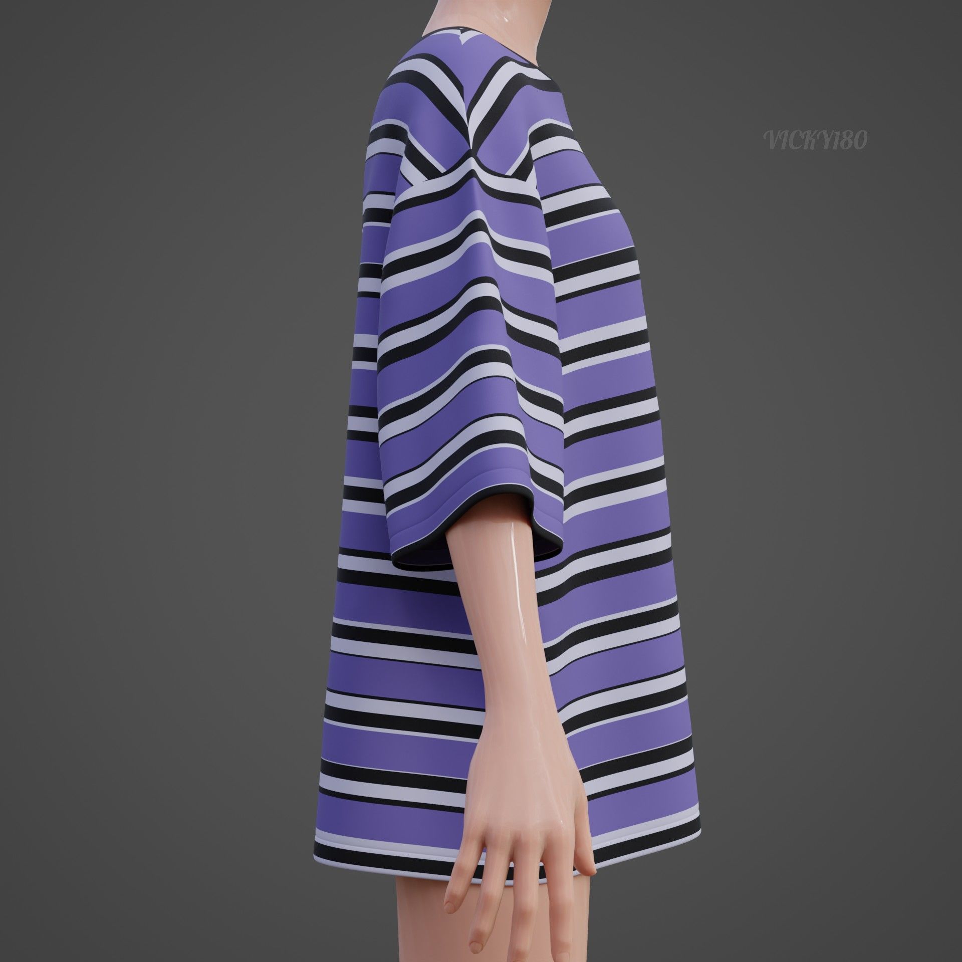 Striped Women Short Sleeve Oversized Streetwear Gothic T-Shirt  Low-poly 3D model_19