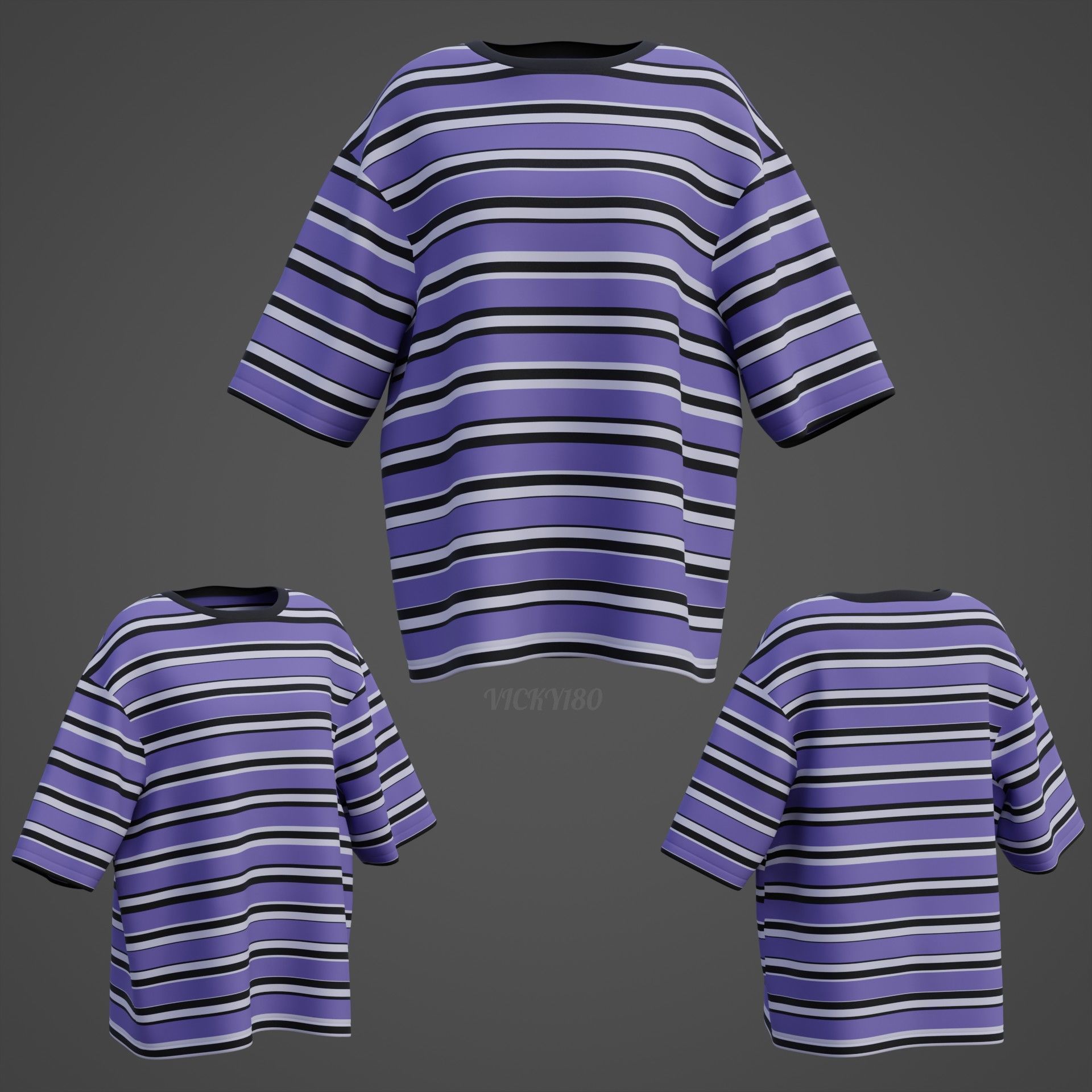 Striped Women Short Sleeve Oversized Streetwear Gothic T-Shirt  Low-poly 3D model_9