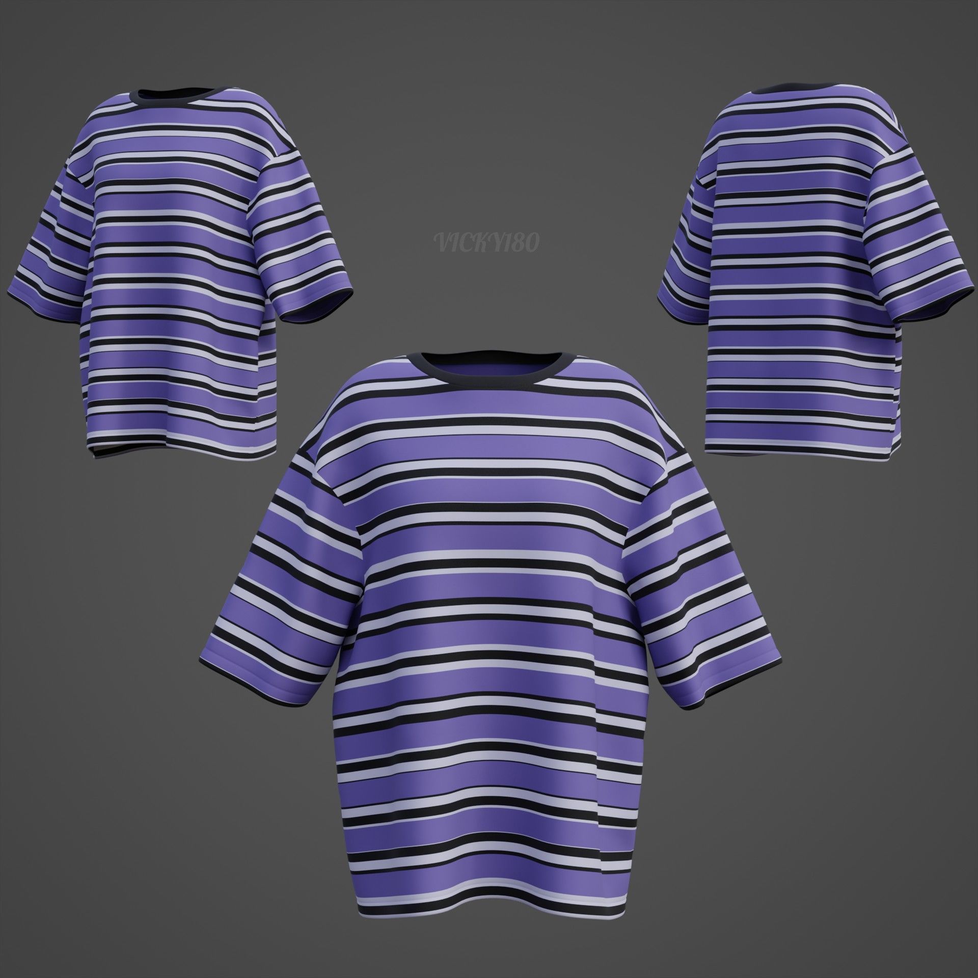 Striped Women Short Sleeve Oversized Streetwear Gothic T-Shirt  Low-poly 3D model_15