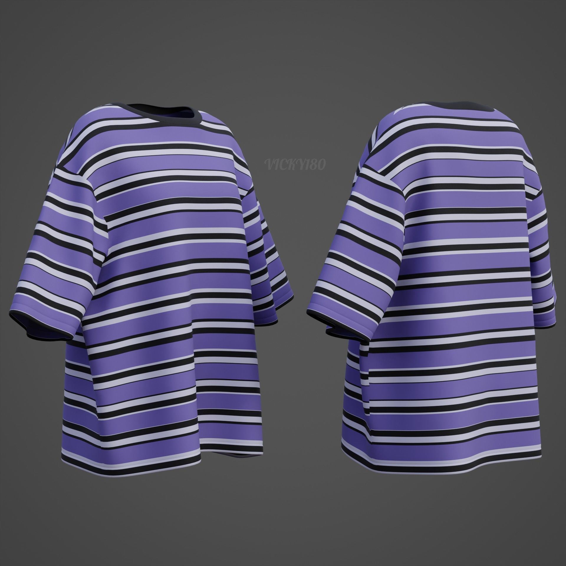 Striped Women Short Sleeve Oversized Streetwear Gothic T-Shirt  Low-poly 3D model_10