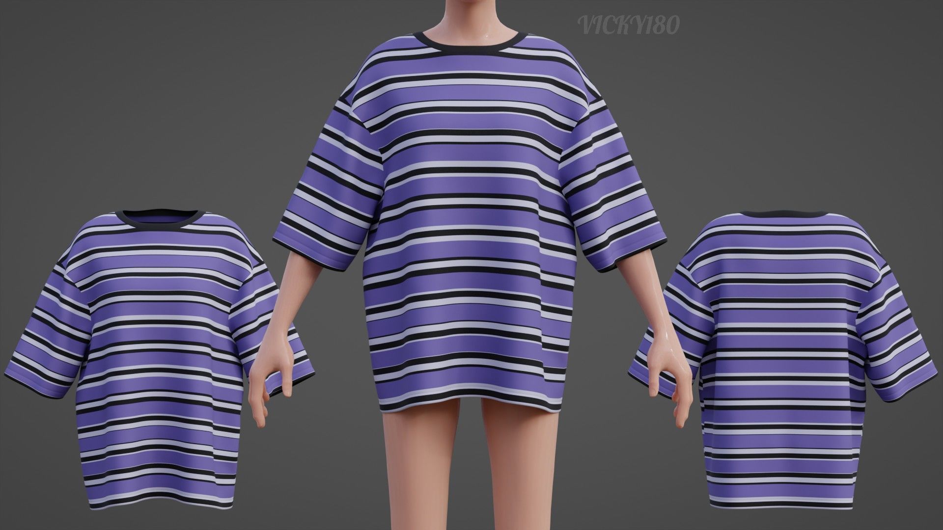 Striped Women Short Sleeve Oversized Streetwear Gothic T-Shirt  Low-poly 3D model_2