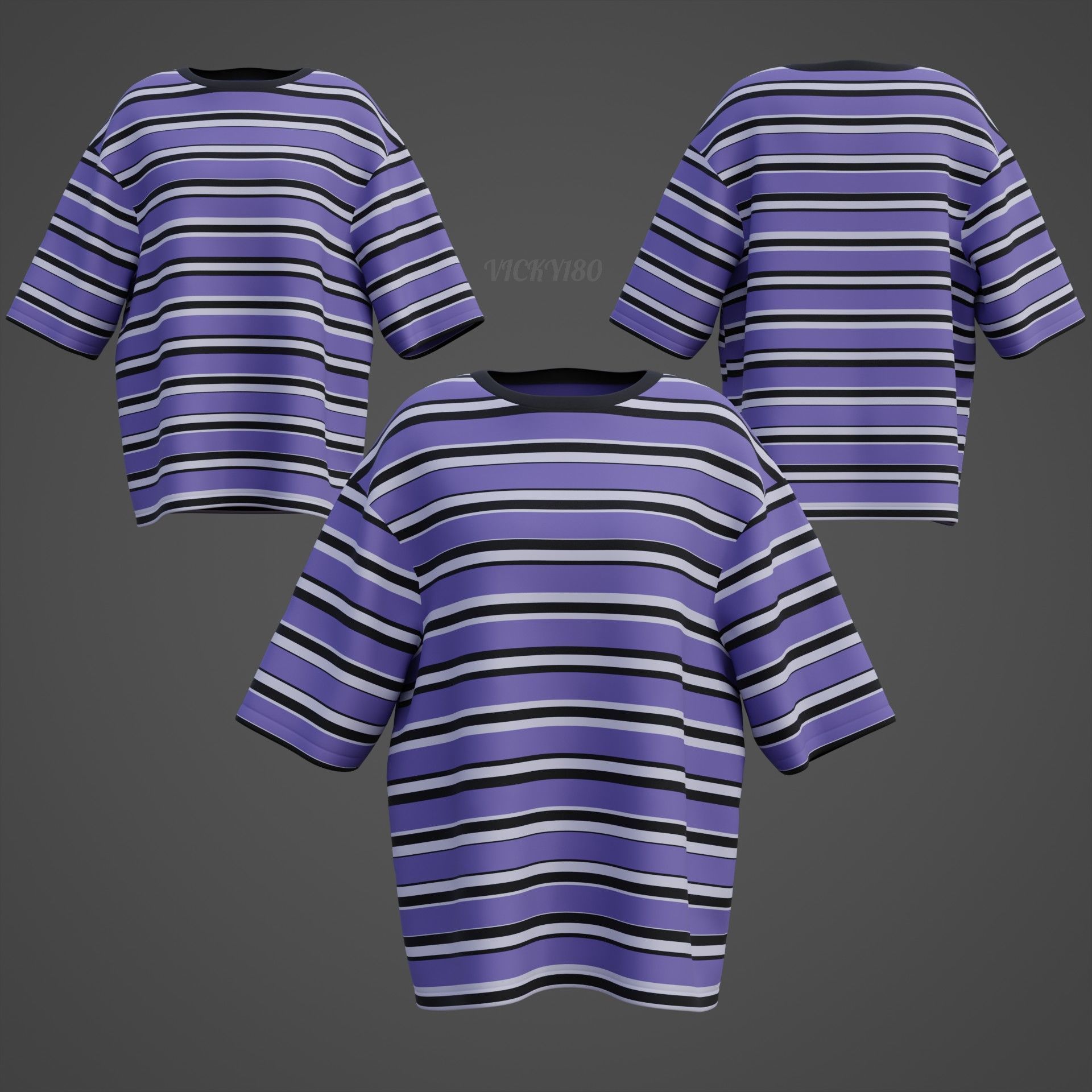 Striped Women Short Sleeve Oversized Streetwear Gothic T-Shirt  Low-poly 3D model_27