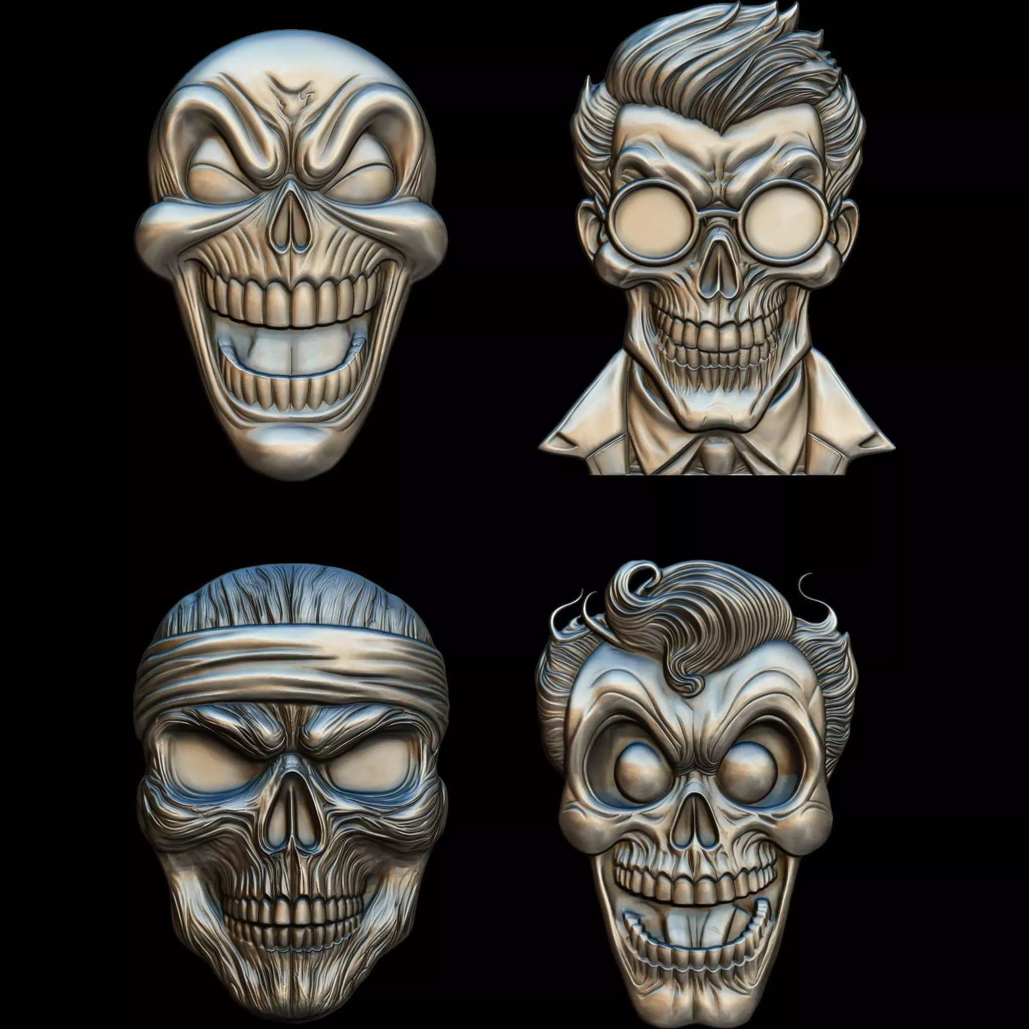 A Collection of 4 Comic Skull Head No3 STL file for CNC 3D print model