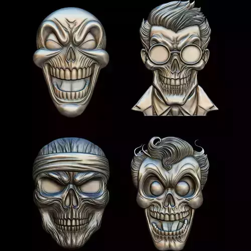 A Collection of 4 Comic Skull Head No3 STL file for CNC