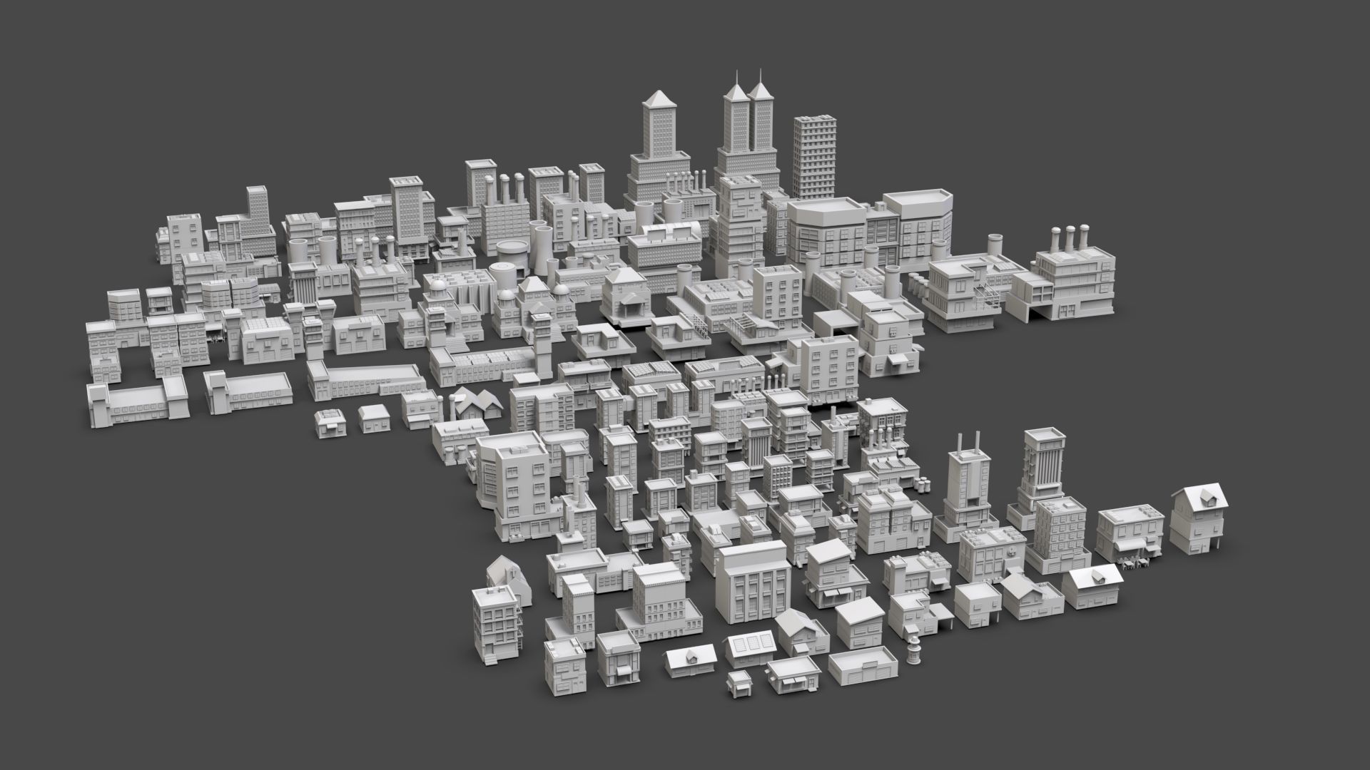 Low Poly City Buildings Pack Of 140 - Game Ready - Untextured  Low-poly 3D model_4