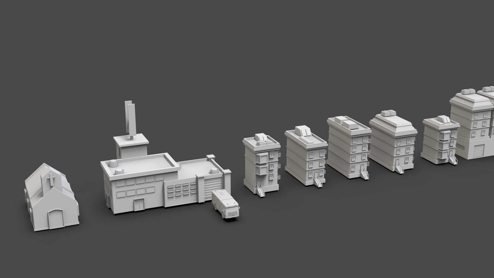 Low Poly City Buildings Pack Of 140 - Game Ready - Untextured  Low-poly 3D model_76