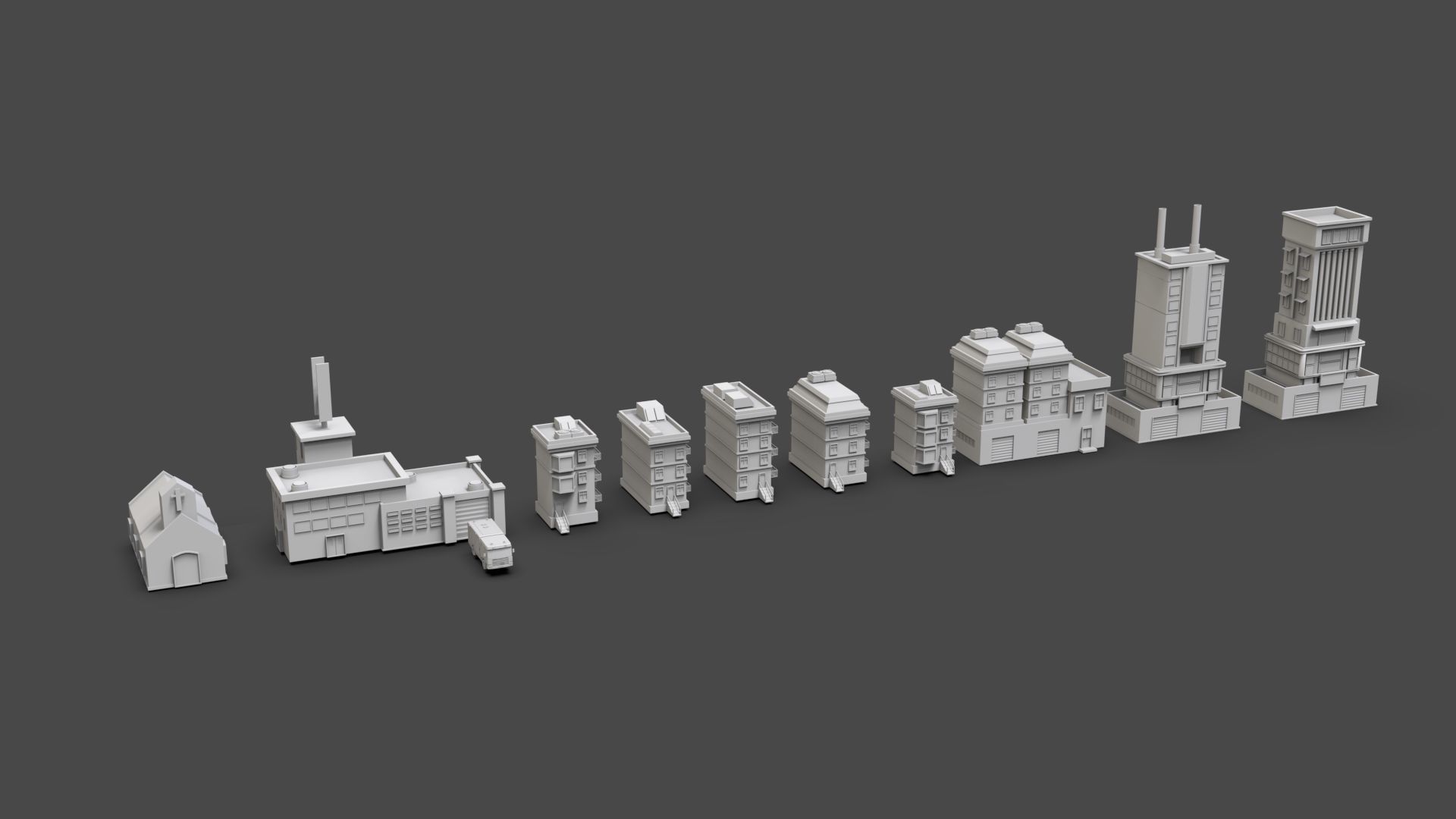 Low Poly City Buildings Pack Of 140 - Game Ready - Untextured  Low-poly 3D model_33