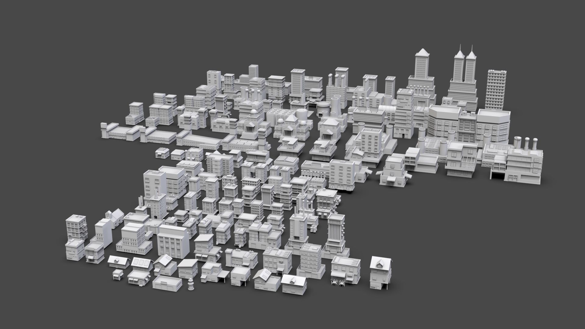 Low Poly City Buildings Pack Of 140 - Game Ready - Untextured  Low-poly 3D model_6
