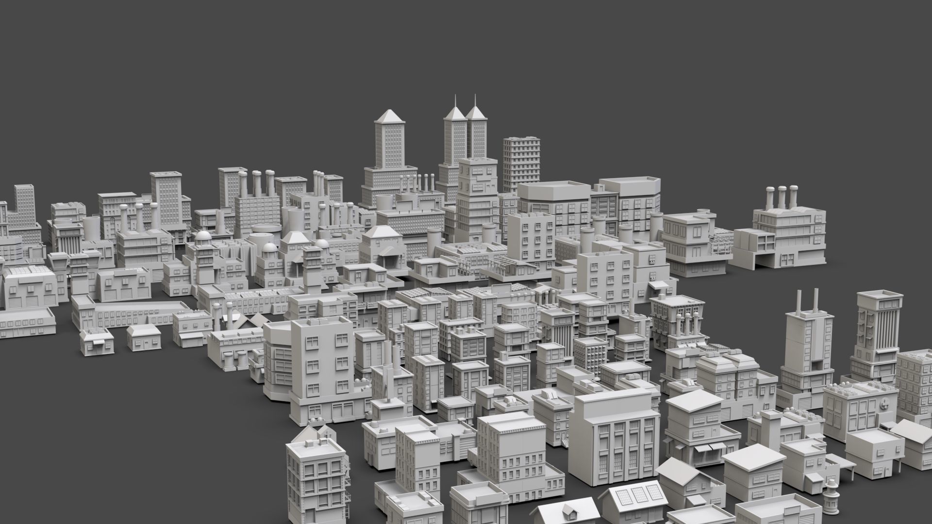 Low Poly City Buildings Pack Of 140 - Game Ready - Untextured  Low-poly 3D model_7