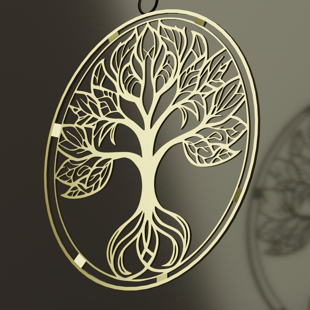 Golden Pendent with Tree design inside a ring 3D model_3