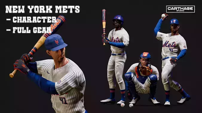 New York Mets Character And Essential Baseball Equipment  Low-poly 3D model
