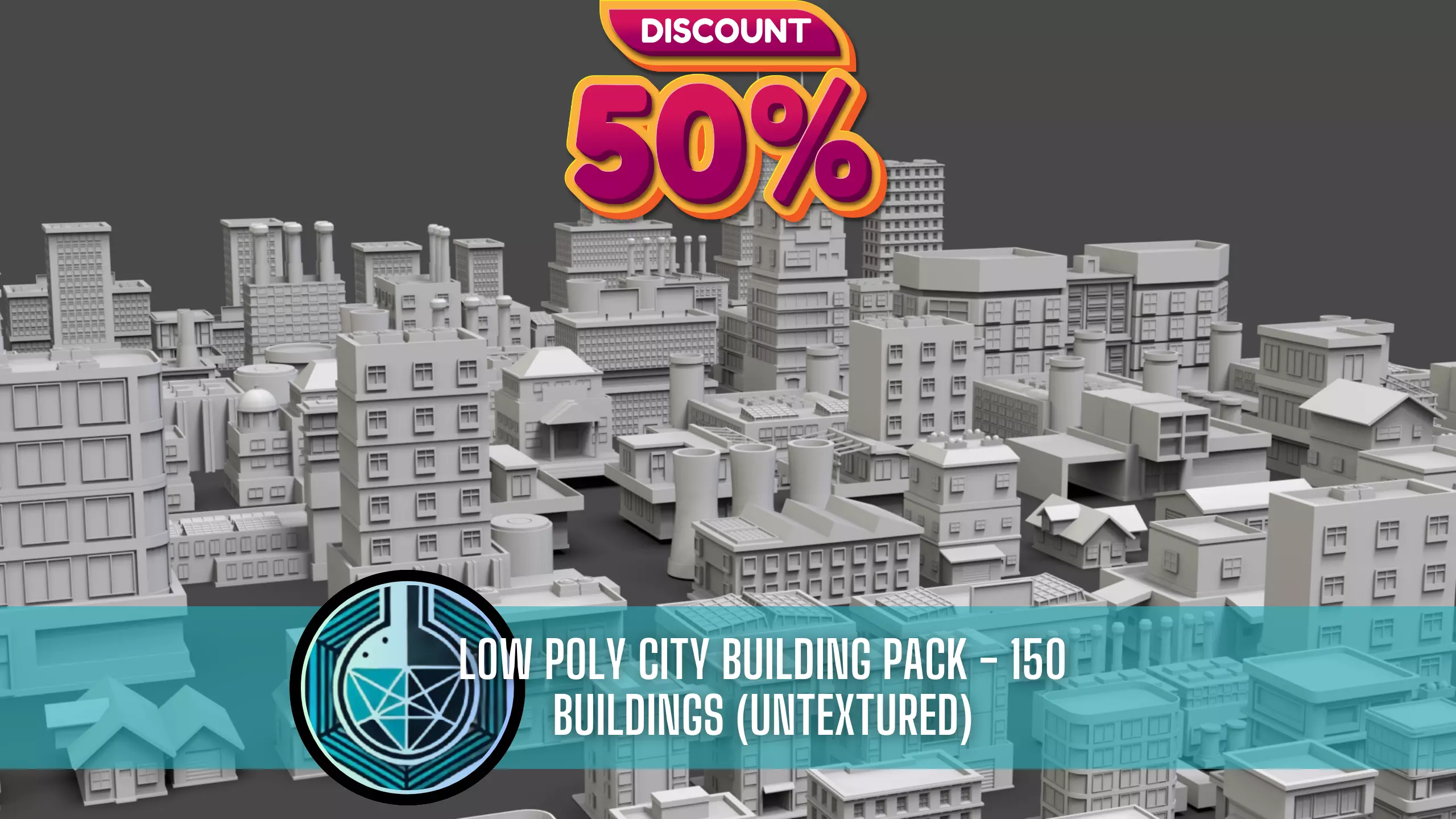 Low Poly City Buildings Pack Of 150 - Game Ready - Untextured  Low-poly 3D model_0