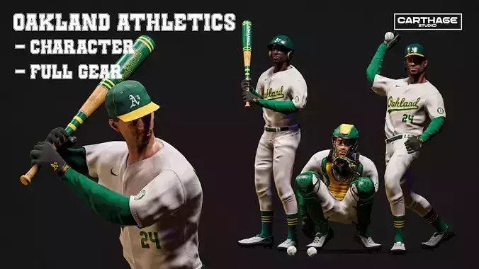 Oakland Athletics Character And Essential Baseball Equipment Low-poly 3D model