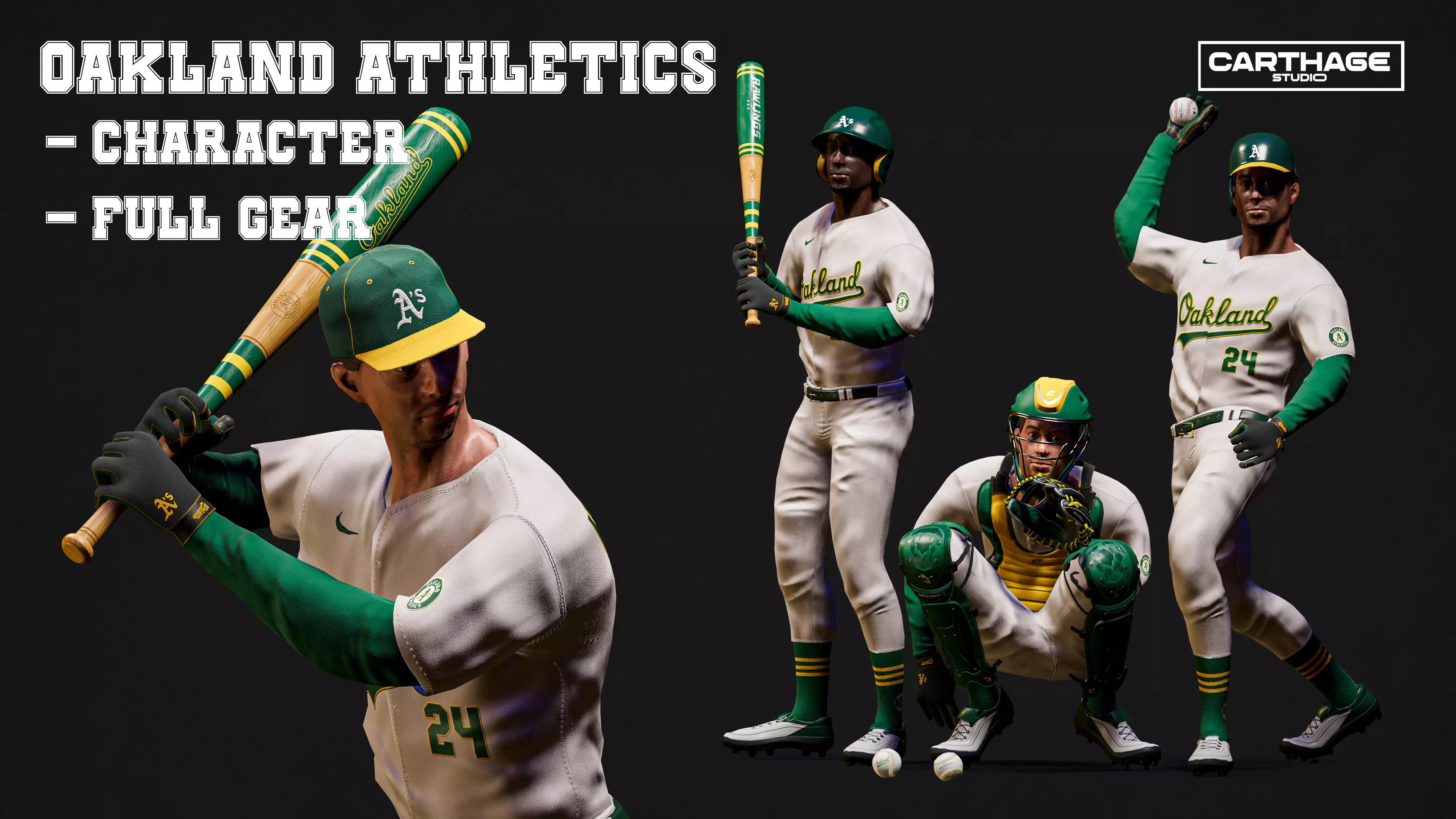 Oakland Athletics Character And Essential Baseball Equipment Low-poly 3D model_0