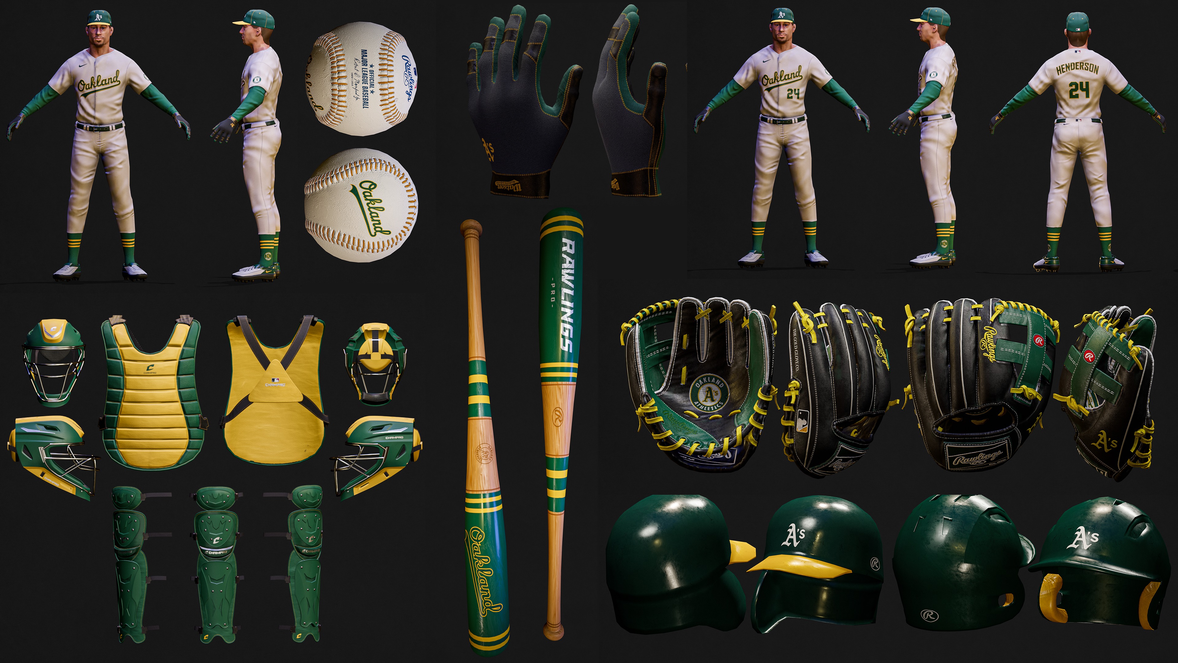 Oakland Athletics Character And Essential Baseball Equipment Low-poly 3D model_2
