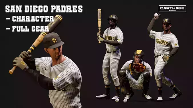 San Diego Padres Character And Essential Baseball Equipment Low-poly 3D model