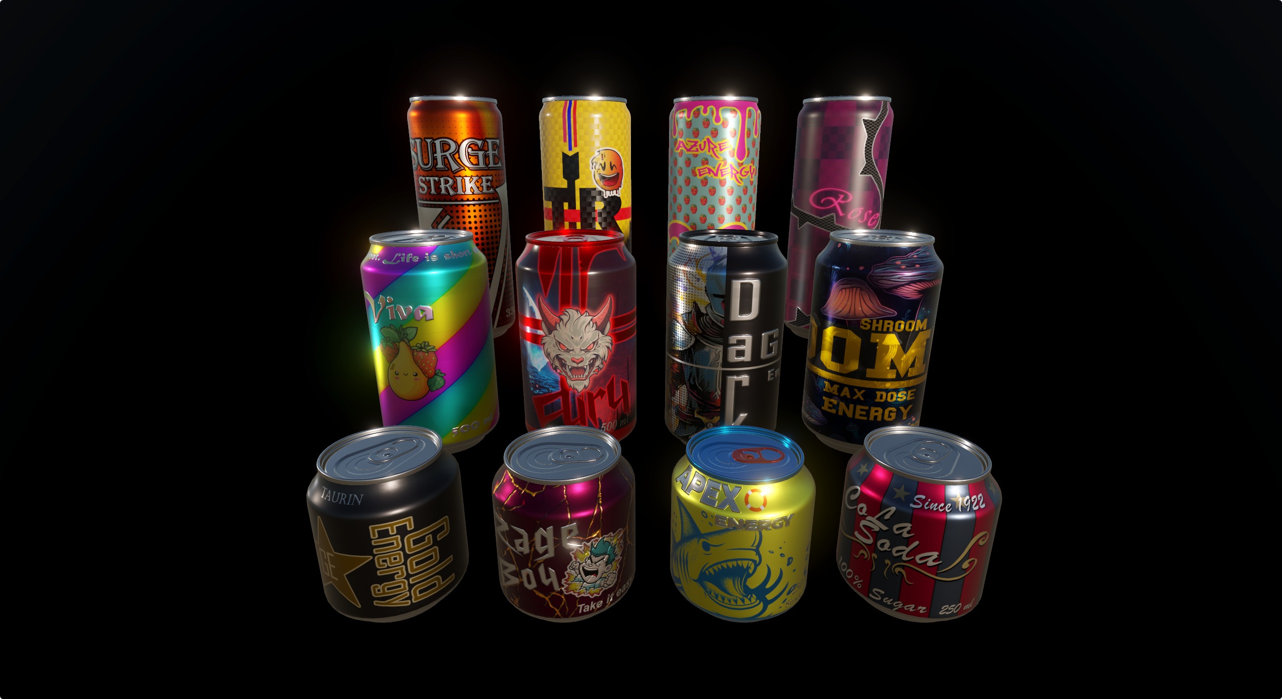 Energy Drink and soda can pack collection game ready Low-poly 3D model_3