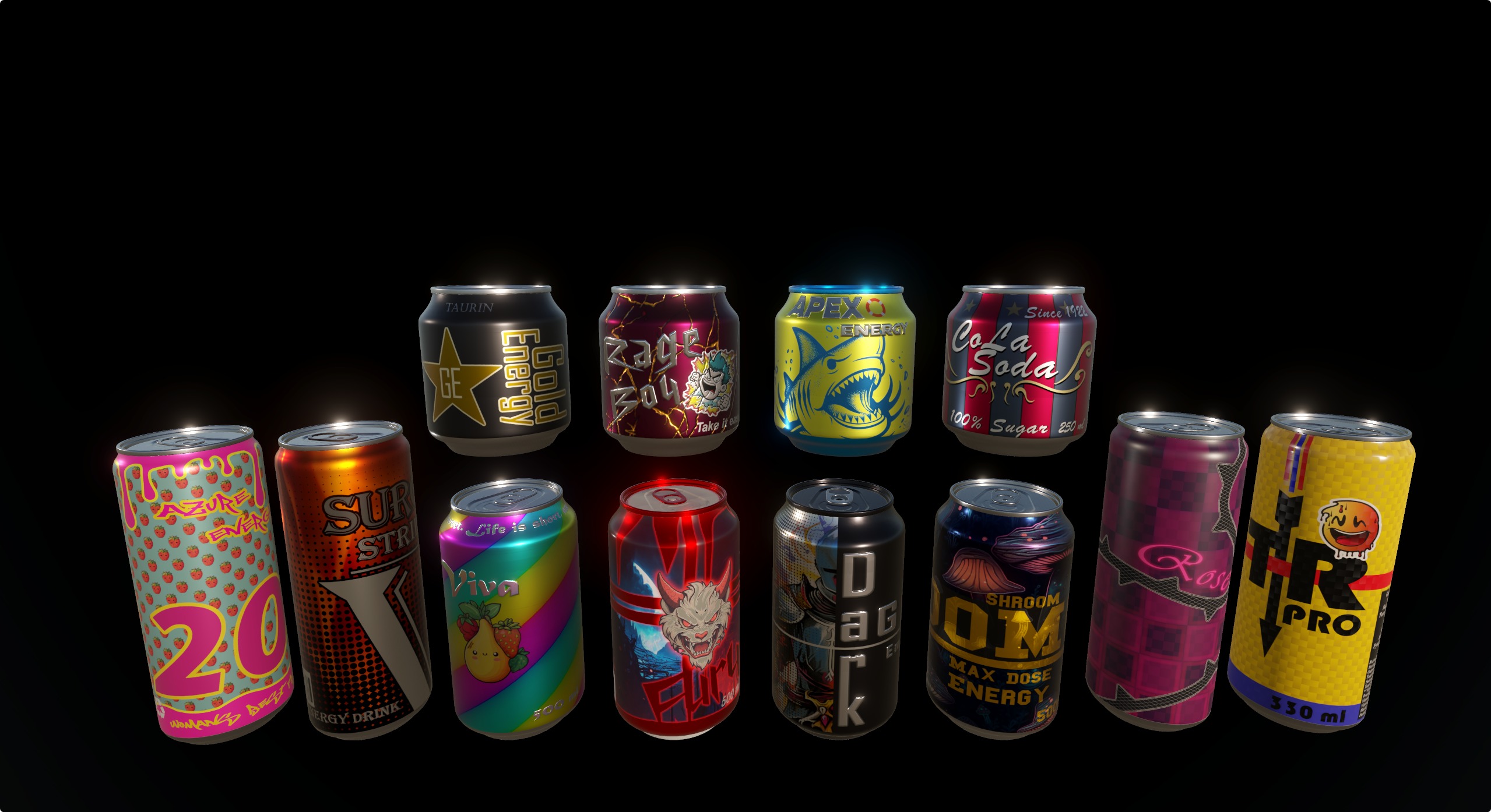 Energy Drink and soda can pack collection game ready Low-poly 3D model_4