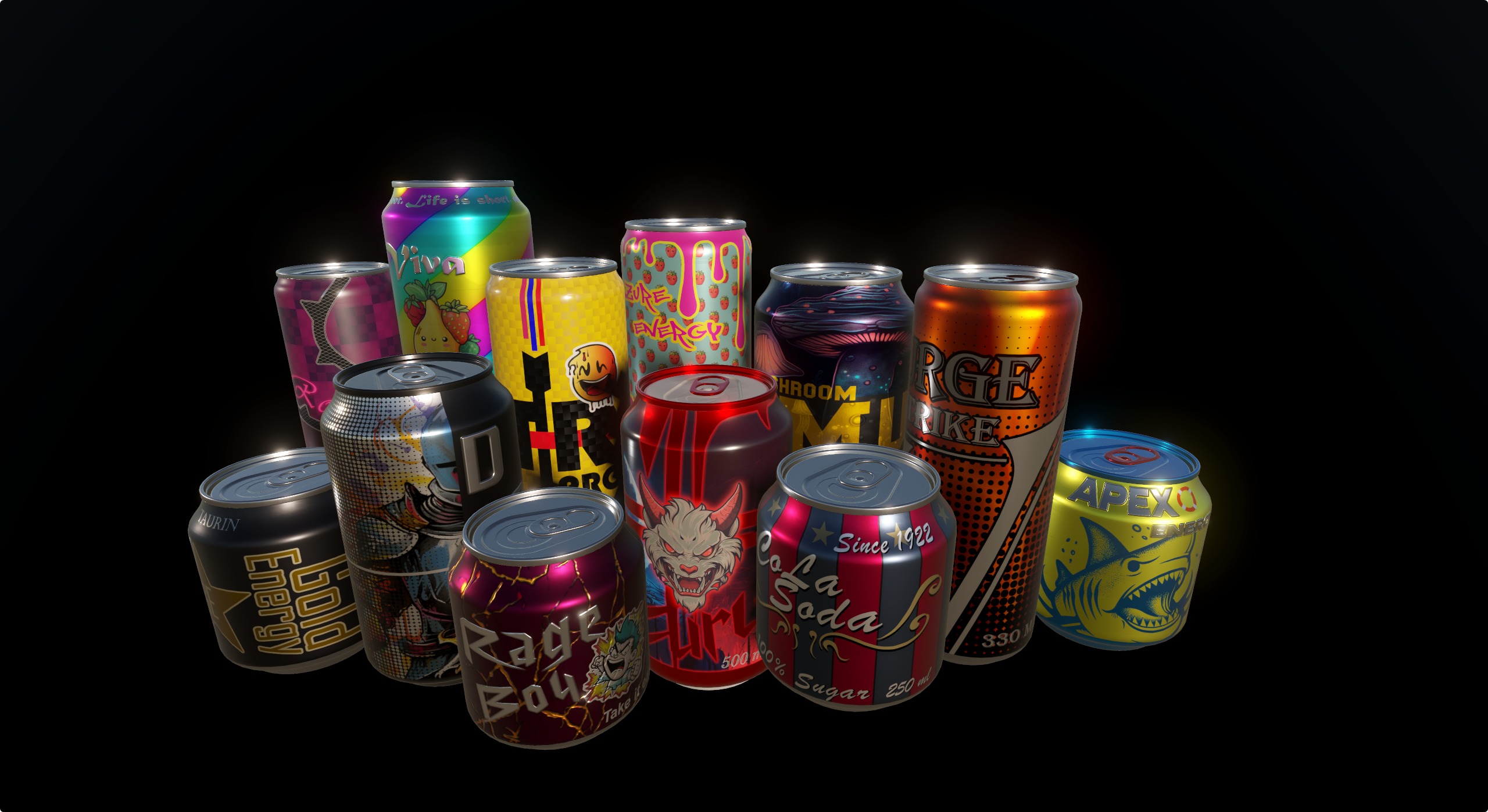 Energy Drink and soda can pack collection game ready Low-poly 3D model_2