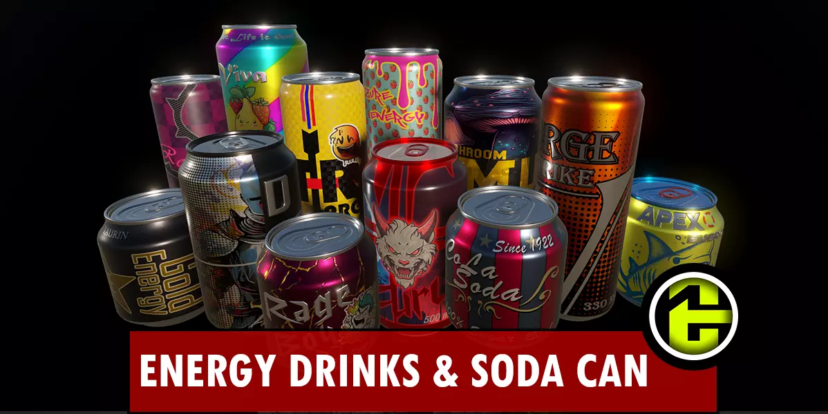 Energy Drink and soda can pack collection game ready Low-poly 3D model_0