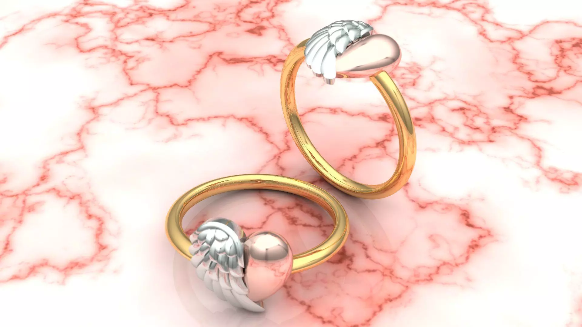 RING SOLID NO DIAMOND LOVE AND WINGS YELLOW ROSE AND WHITE GOLD 3D print model