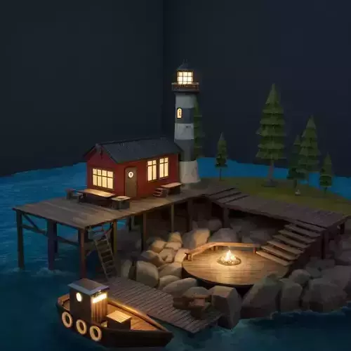 Blender Cartoon Lake House Ship Low-poly 3D model